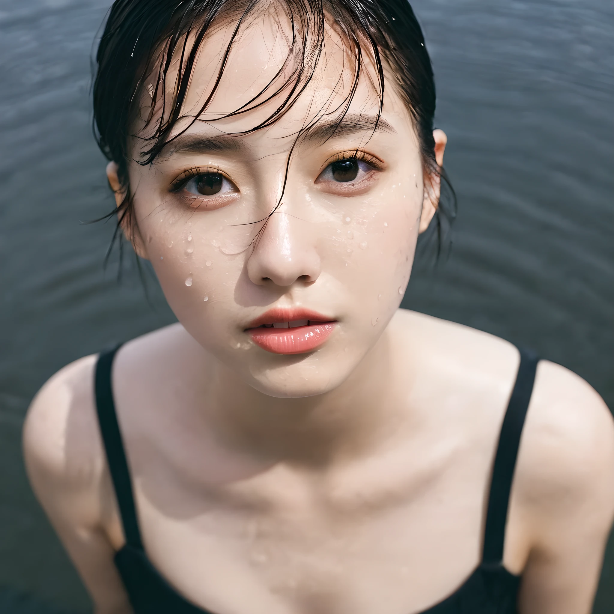 1 girl, xxmixgirl, face close-up, short hair in the middle, head up, head up, top-down view, rain, water on the face