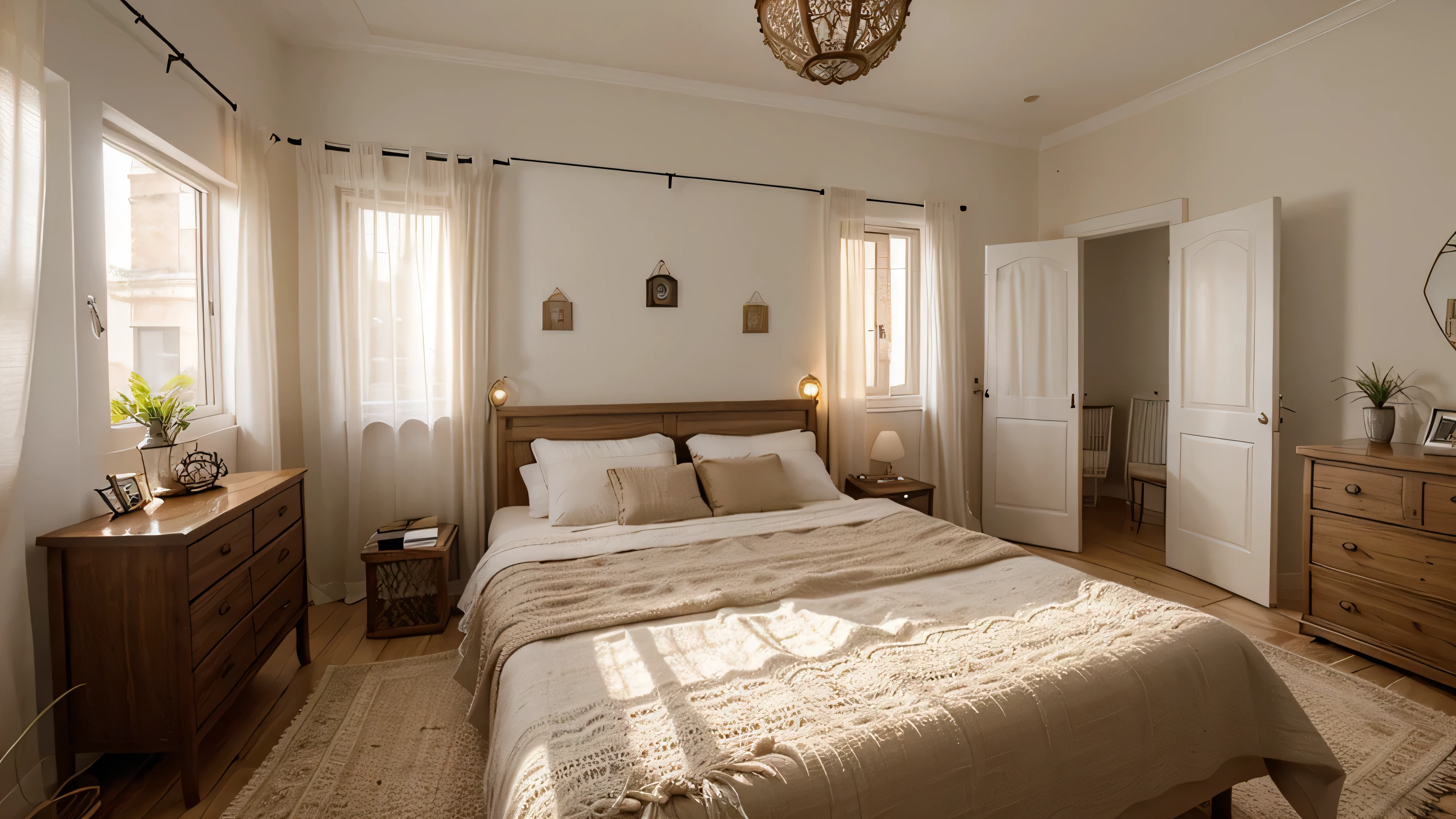 bedroom, simple, shelf behind the bed with pictures, curtain on the window, no air conditioning. boho chic style, white walls, cozy wooden bed, crochet bedspread in terracotta tones, minimalist walls, wall with 1 picture and 1 macramé, boho chic adornments, metal table, only 1 chandelier, lamps on the sides of the bed, bedside tables, wardrobe with 3 closed doors, cimematic, 3d, realistic, 4k