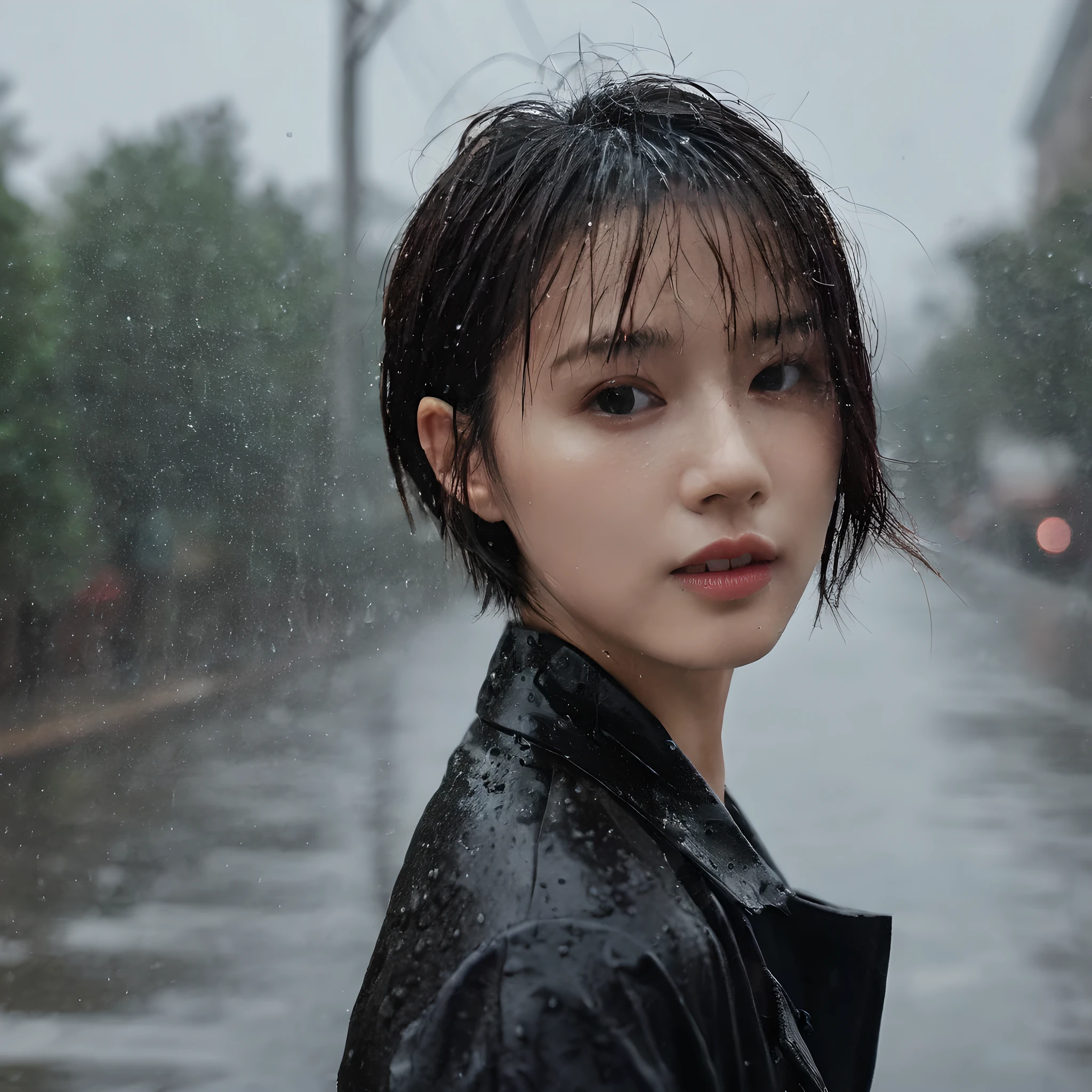 1 girl, xxmixgirl, face close-up, short hair in the middle, head up, head up, top-down view, rain, water on the face