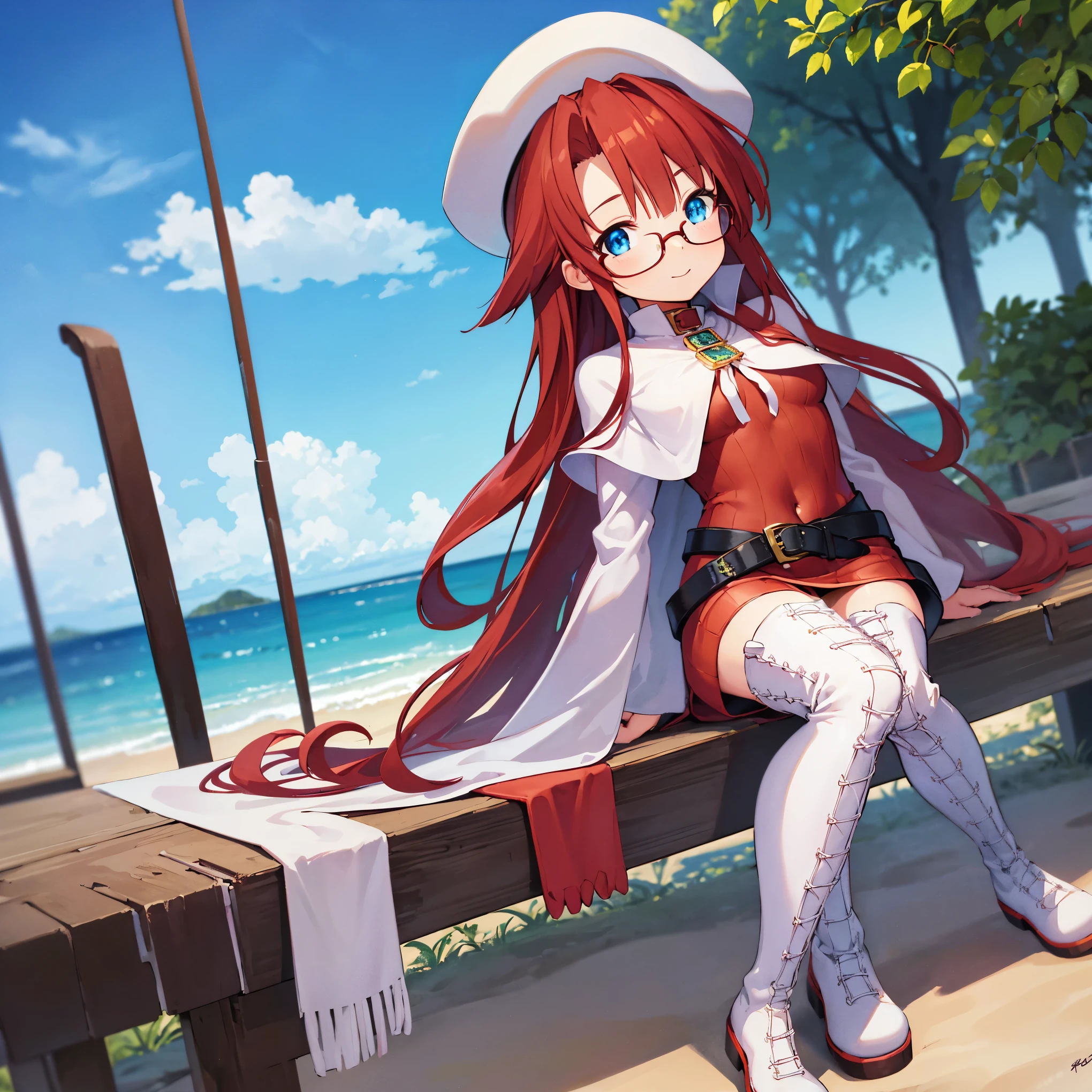 summonnightaty, aty, (young:1.3),long hair, blue eyes, red hair, big_berets, hat, glasses,
BREAK long hair, thighhighs, hat, dress, naked_legs, glasses, belt, cape, sweater, zettai ryouiki, beret, thigh boots, white footwear, ribbed sweater, loose belt,solo,
BREAK outdoors, fantasy,on_beach,
,Highquality_hads,perfect_fingers,
BREAK (masterpiece:1.2), best quality, high resolution, unity 8k wallpaper, (illustration:0.8), (beautiful detailed eyes:1.6), extremely detailed face, perfect lighting, extremely detailed CG, (perfect hands, perfect anatomy),covered_nipples,covered_navel ,half_eyes,long_sword,sleepy,standing,red_sweater,apart_knees,magical_effect,spread_legs, have_a_book,teacher,rise_knee,Smile,rise_hand,look_down_viewer,spread_arms,sea​_waves,looking_into,blue_sky,sitting