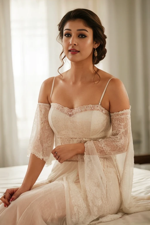  photo of nayanthara, red lips, slim, cute face, Lacy lingerie: In a delicate, lacy lingerie set, the woman sits gracefully on the edge of a four-poster bed draped in sheer, white curtains. Soft morning light filters through the windows, creating a romantic, ethereal glow. Rose petals are scattered on the bed, adding a touch of romance and elegance to the scene.(cinematic:1.3), intricate details, (ArtStation:1.2), high resolution ,4K