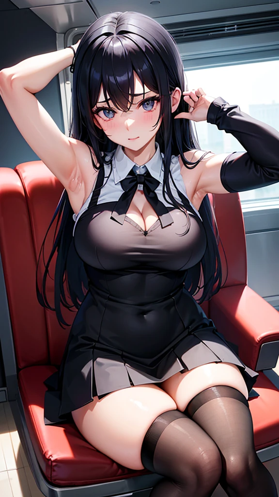 The best super busty、high school girl、Black Hair、Cleavage、Miniskirt、Thighs、high resolution、Ultra HD、Knee socks、Absolute area、train、seat、Armpit、Close-up、Voyeur style、Armpit上げ、No sleeve