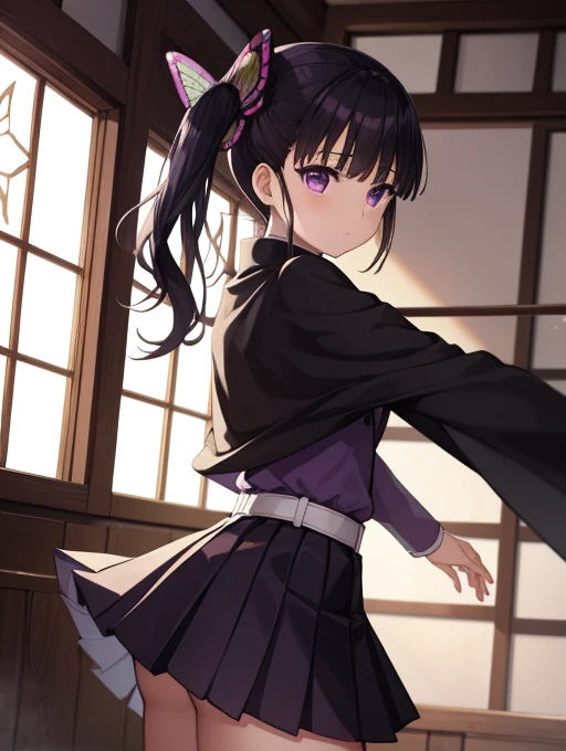 Kanaotsu Yuri, kanao tsuyuri, Black Hair, butterfly, butterfly hair ornament, (Purple eyes:1.1), Side ponytail, ponytail, 
Blake Black skirt, Cape, Demon Slayer uniform, Long sleeve, プリーツskirt, skirt, 白いCape,Embrace、キスをする
break looking at viewer,
Indoor rest, Shabby room,
break (Tabletop:1.2), highest quality, High resolution, unity 8k wallpaper, (figure:0.8), (Beautiful fine details:1.6), Highly detailed face, Perfect lighting, Highly detailed CG, (Perfect hands, Perfect Anatomy),