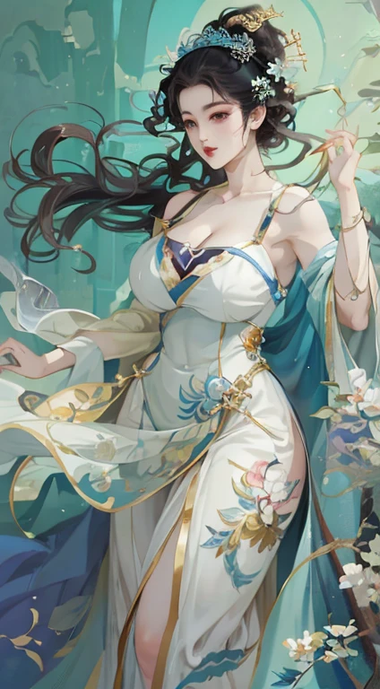 Desirable woman posing for camera in blue and white dress, Beautiful and seductive anime woman, Beautiful fantasy queen,(((Large Breasts)))Breast sagging、Low-cut(((Cleavage )))、(((Wide hips,)))(((Hourglass figure)))((Long legs)), inspired by Fenghua Zhong, Beautiful character painting, author：Qiu Ying, Sensibility, author：Cold plum, author：Yang Jie, Poster Art, Art bud. Anime Illustrations, Inspired by Chen Yifei, author：Chen Lin