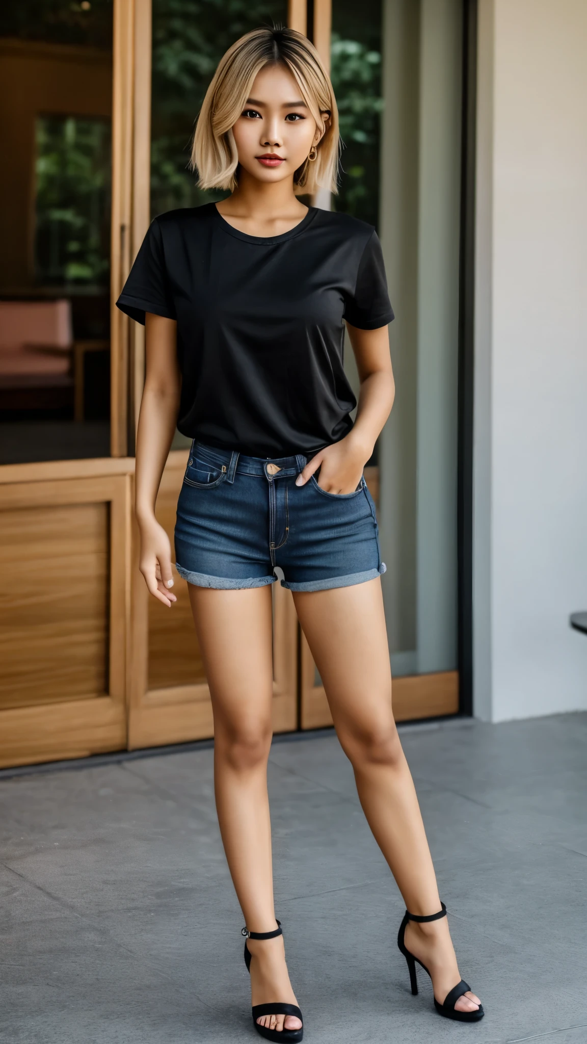 A cute tiny stunning thai woman, 18 years old, short loose blonde hairs, healthy body, stunning silhouette, full body, wearing a very short pants jeans, black t-shirt and high heels, makeup and red lips 8k