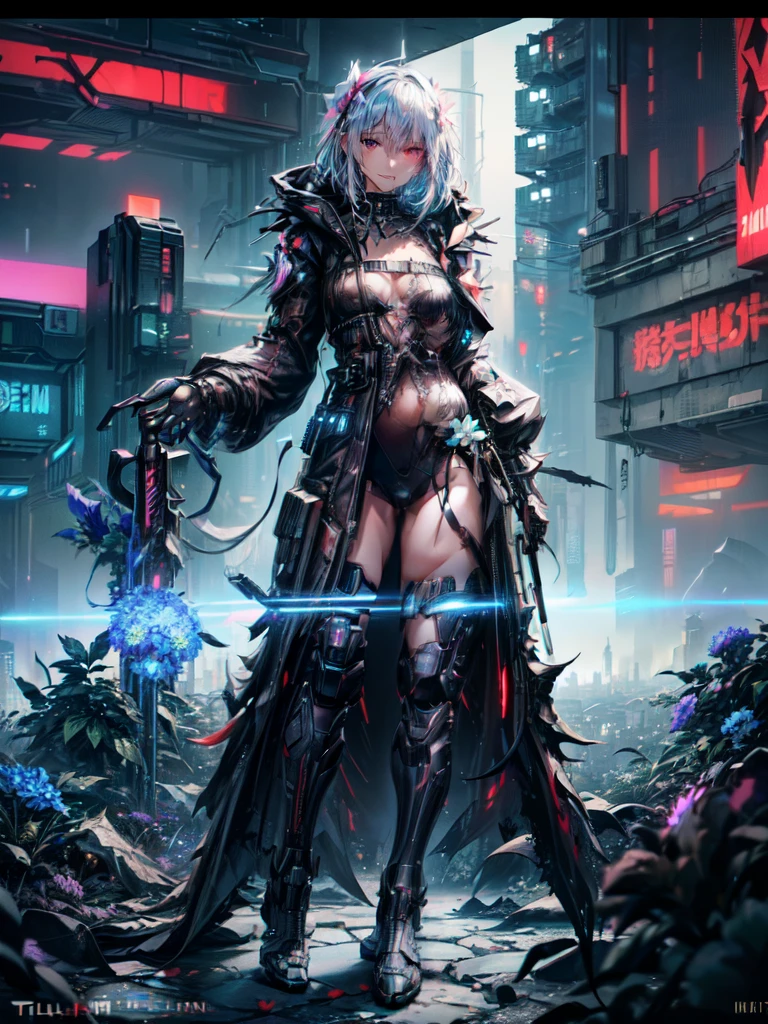 solo、(a handsome man:1.4)、(Man 6 feet tall)、(confident grin:1.2)、(Holding a longsword)、Short hair、(an eye patch)、(White hair)、grey  eyes、Toned body、muscular male、(Top image quality)、(8K picture quality)、(cyberpunked)、(masutepiece)、 (Flickering of light)、(Wearing a glowing cyberpunk hooded military uniform)、(Full body photo)、(Turbulent and excessive amount of glowing flowers々:1.5)、cinematric light, Cinema Shadow, Sharp Image, Extremely detailed, Volumetric, Bright sprites, particles effect, beautiful effects, Vivid colors, neons, (Neon light:1.5), Highly detailed image textures, detailed hairs, Detailed face, Detailed eyes, Full body photo, city、Dark hair、Eyes glow、Sparkling red aura、Photo from the knee up、beautiful effects, Vivid colors, Highly detailed image textures, detailed hairs, Detailed eyes,(Cyberpunk cityscape:1.5)、