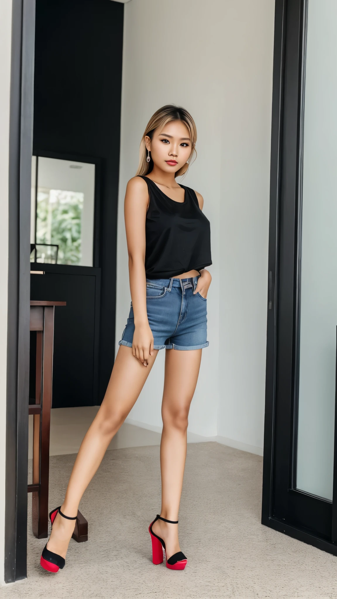 A cute tiny stunning thai woman, 18 years old, short loose blonde hairs, healthy body, stunning silhouette, full body, stunning pose, wearing a very short pants jeans, black t-shirt and high heels, makeup and red lips, 8k