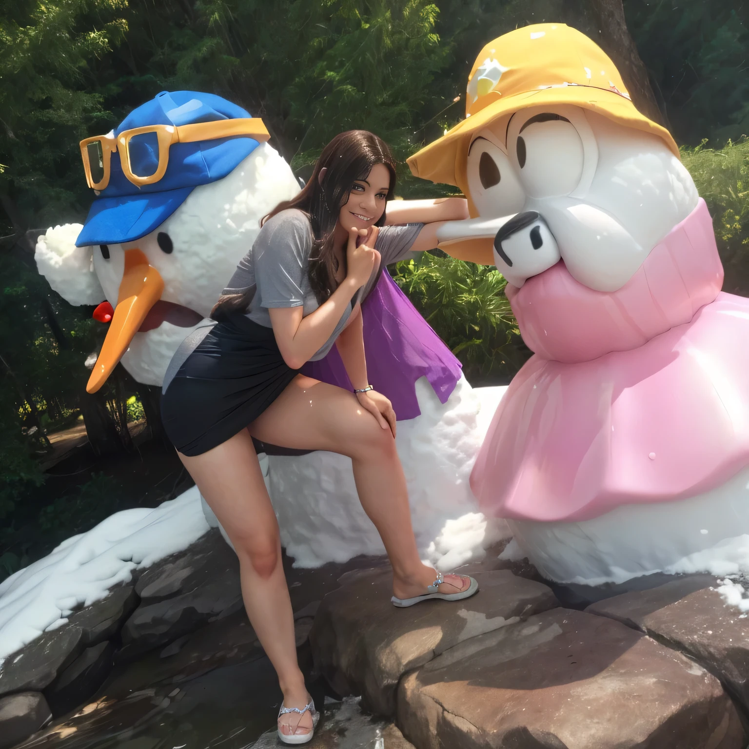 woman sitting on a rock next to a giant snowman, vacation photo, striking a cheeky pose, having fun, posing like a statue, Donald Duck in real life, at Disney, fun pose, on top of a peak in Darien , posing!!, 45 years old, full body photo, 44 years old in Orlando, USA.
The Brazilian woman is wearing a gray shirt.
A beautiful Brazilian woman, with white skin, dark brown hair. She is about 45 years old, 165 cm tall and weighs 56 kg. Shaped legs, perfect legs, toned legs. Her body exudes glamor and her face is a definition of beauty. Slender body, thin waist. Highly realistic, hyperrealism, very elaborate skin. Clear photo, high resolution, high quality, masterpiece, 16K photo, high contrast, masterpiece, NUDE, NUDITY, NFSW.