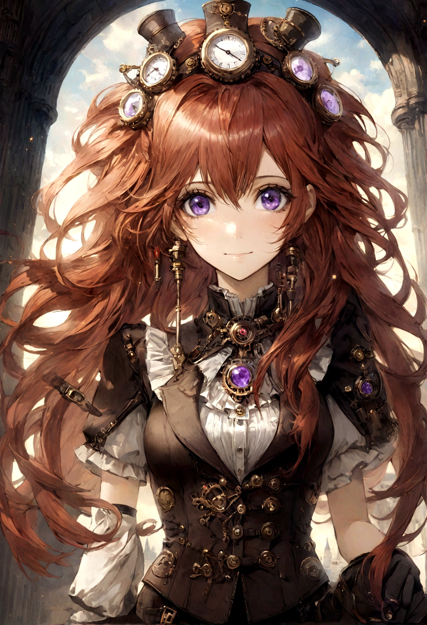 The scene is set in a girl on the balcony of a steampunk palace with steampunk zeppelins flying around, Ultra Resolution, Ultra detail, ((top-quality)), ((​masterpiece)), (detailed), red_hair, imperial_steampunk_suit, looking_up, upper_body, hair_strand, tanned_skin, long_hair, fantasy_spear, arrogant_smile, steampunk_palace, purple_sparkle_eyes, royalty, high_resolution, steampunk fantasy style, steampunk_girl, detailes_face
