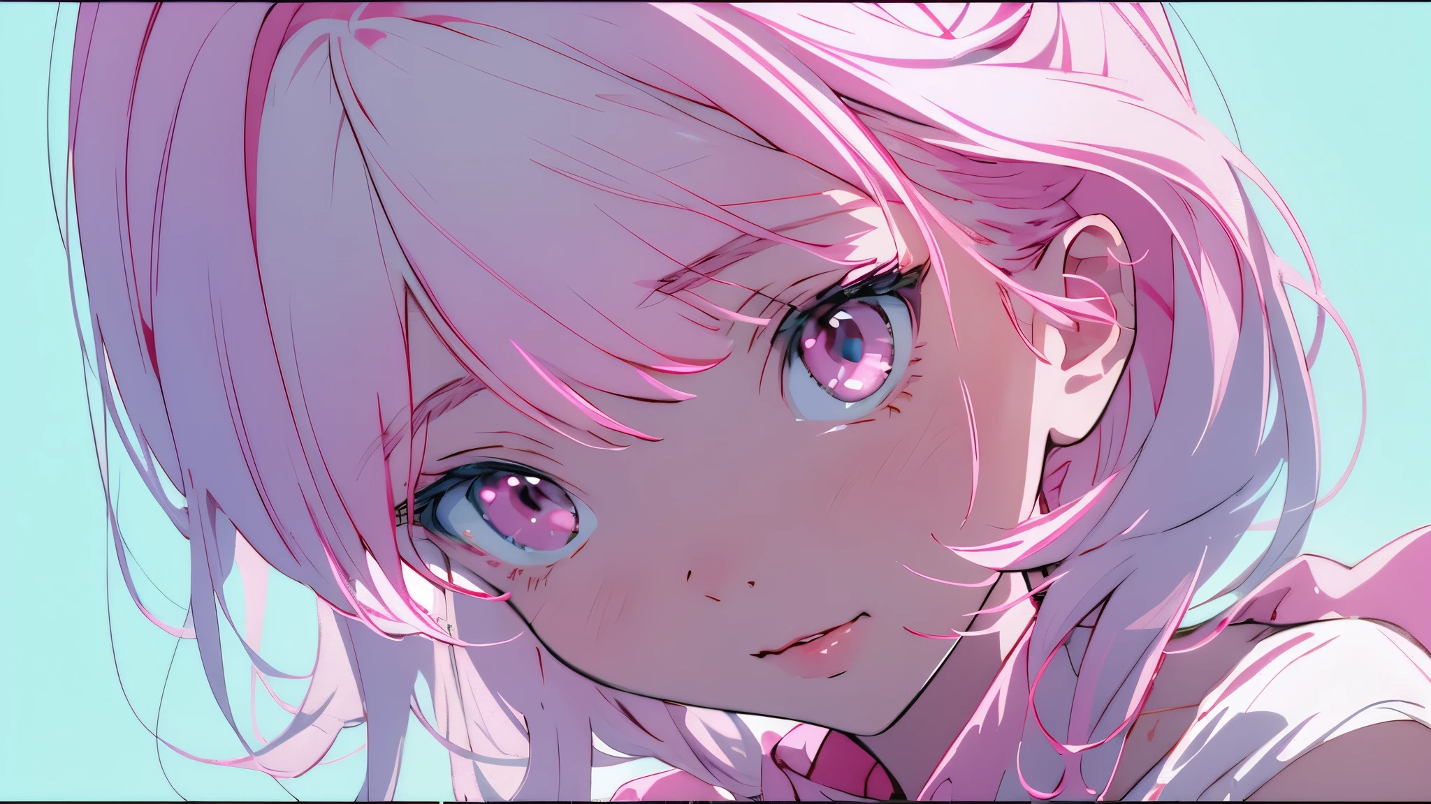 a little lovely ??? girl, redish pink lips, Wear a bright white shirt, Soft aurora punk color palette style, Anime illustration of her face, Animated GIFs, hand-drawn animation, Captivating sketch, Soft and bright, hazy romance, Hyperplane style, White - air background 1:1--niji 5--expression style
