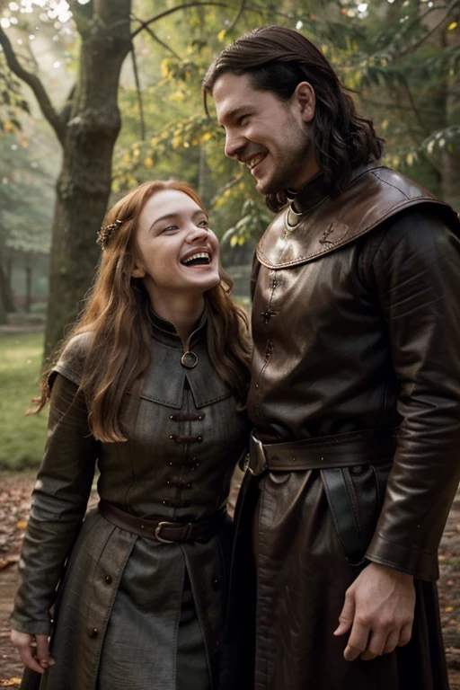 Description:

    Joanna Lannister: Beautiful woman, blonde hair, wearing medieval noble attire, played by Sadie Sink. Detailed face, porcelain skin, half-body shot. She is laughing joyfully.
    Jon Snow: Handsome man, black hair, wearing medieval northern attire, played by Kit Harington. Detailed face, rugged features, half-body shot. He is laughing joyfully.
    Setting: The Godswood, a serene and sacred forest area with ancient trees and weirwood with red leaves and faces carved into the trunks. It's a medieval setting, capturing the essence of the North in the world of "Game of Thrones."
    Lighting: Natural daylight with a touch of mystical ambiance. Rim lighting to accentuate their features. Two-tone lighting to highlight their expressions.

Specific Elements:

    Mood: Joyful and lighthearted, with both characters laughing together.
    Composition: Centered, half-body shot, both characters in the foreground, detailed portrait with emphasis on their expressions and interaction.

Detailed Background:

    The Godswood setting should include ancient trees, red leaves, and a weirwood tree with a carved face.
    The ambiance should be mystical yet natural, with soft lighting filtering through the trees.