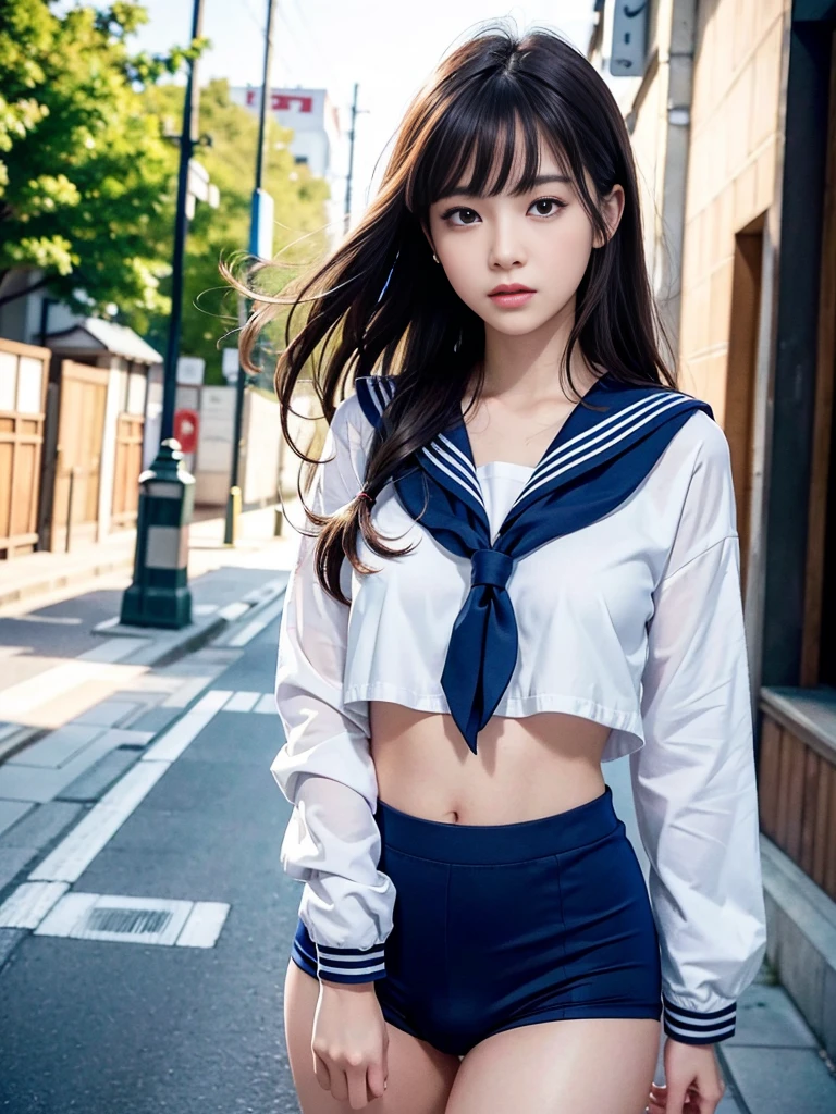 (masterpiece:1.3), (8k, Realistic, RAW Photos, Best image quality: 1.4), Japanese, (One Girl), Beautiful Face, (Lively Faces), Beautiful Hairstyles, Realistic eyes, Beautiful details in the eyes, (Realistic Skin), Beautiful skins, Charm, 超A high resolution, Ultra-realistic, Attention to detail, Golden Ratio, (Detail Makeup:1.2), View your viewers,Tabletop, highest quality, Very detailed, In detail, High resolution, Composition of the whole body、Beautiful details,, Natural color lip,Realistic、Realistic、alone、Realistic、highest quality、Very detailedな顔、Very detailedな目と顔、Beautiful and detailed、Absurd、Unbelievably absurd、Floating Hair、Brown Hair、Wavy Hairstyle、Medium Hair、(Extremely detailed CG、8K Image Wallpapers)、(Very delicate and beautiful)、(masterpiece)、(highest quality:1.0)、(超A high resolution:1.0)、Beautiful lighting、Perfect Lightning、Realistic Shadows、[High resolution]、Detailed skin、Very detailedな、Detailed face and eyes、Realistic eyes、Sharp pupils、Beautiful Face、Outdoor、Downtown Japan、Amidst the hustle and bustle、Blurred Background、Glowing Skin、Blunt bangs、Red Eye、(Sailor suit 1.2)、Sailor suits have long sleeves、Ultra HD Photos, 8K quality, School Area, Systemic composition, Looking into the camera, Japanese women, Perfect beauty, Texture with visible pores, Perfect Face, Transparent muscle, Transparent muscle, Beautiful and toned body, Muscular, thin, Small breasts, Tight ass and small breasts、Small Ass、 Bloomers (Bloomers in Japan School, Seamless Design, Monochromatic Bloomers, Bloomers are dark blue, Exactly、Bloomers are elastic fabrics、Bloomers length from navel３ｃｍThe following degrees::, )、In the middle of the road on the way home from school、bottomless、High leg、(bottomless running)