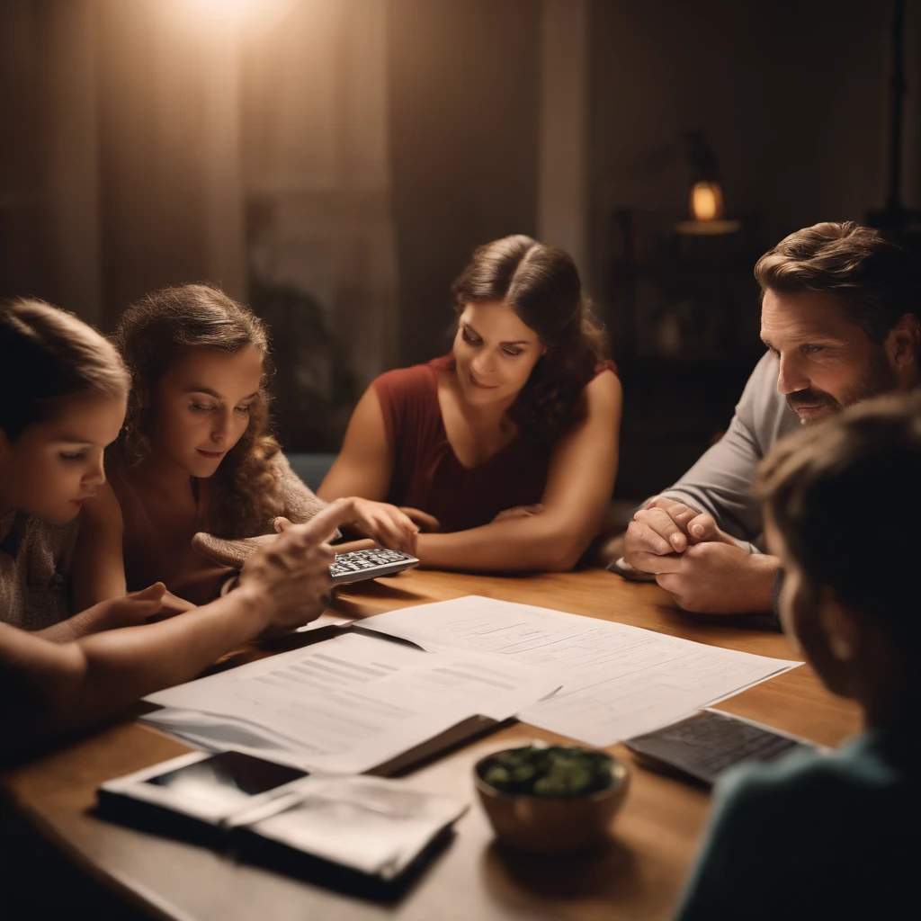 "A family gathered around a table, discussing and planning your monthly budget with the help of spreadsheets and personal finance apps."