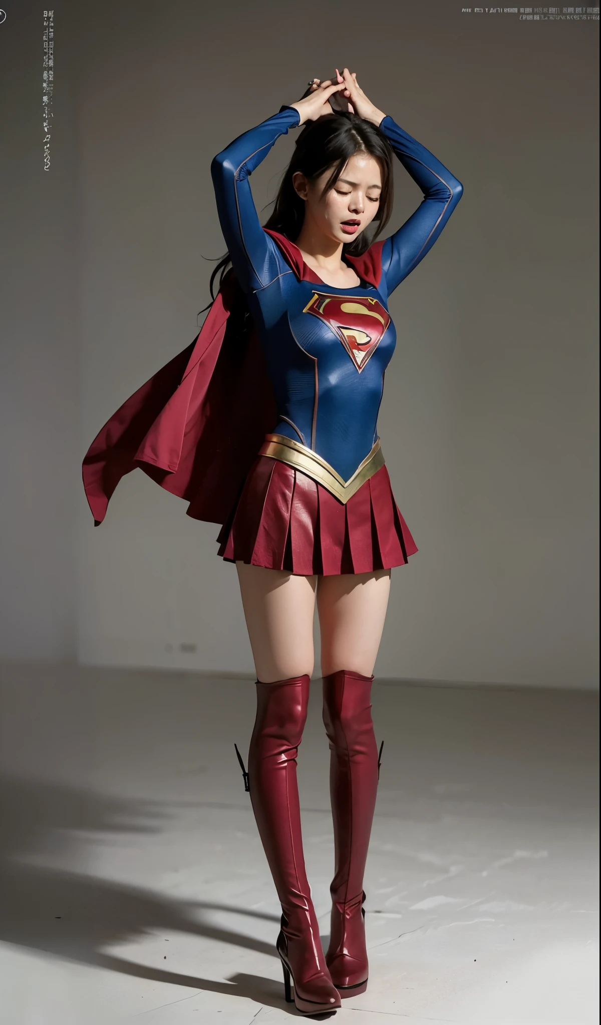 No background、close your eyes、Raise your arms、Yay!、Hanging、Are crying、Deceived、shout、Supergirl Costumeがボロボロに破壊されている、defeat、Are crying、I&#39;Is painful、Painful expression、Expressions of anguish、Tentacles、TentaclesにTied up、Tied up、Tentaclesに巻かれている、Tied up、Tightening、(((Beautiful legs in black tights.)))、(((Stretch your legs、expensive、Legally express the beauty of your smile)))、((((Make the most of your original images)))、(((Supergirl Costume)))、(((Beautiful short bob hair)))、(((suffering)))、(((Black tights legs、Wear red boots)))、((Best image quality、8k))、((highest quality、8k、masterpiece:1.3))、(((Preserve background )))、Sharp focus:1.2、Beautiful woman with perfect figure:1.4、Slim Abs:1.2、Wet body:1.5、Highly detailed face and skin texture、8k