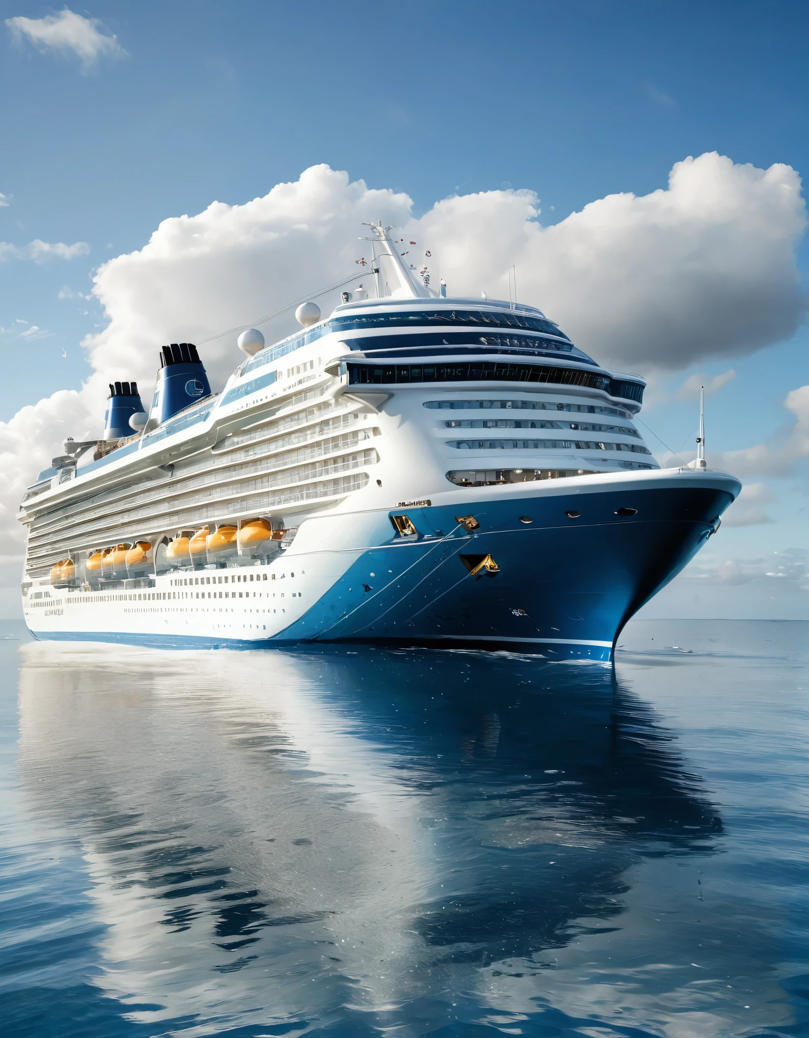 a large, majestic cruise ship sailing on calm, deep blue waters. The ship, named 'Deep Blue,' features a sleek, modern ornate design with a predominantly white exterior and a deep blue hull. The vessel is adorned with the 'Poseidon Cruises' logo prominently displayed on its side. The ship's numerous decks are filled with small micro details, including lifeboats, observation areas, and various amenities. The background depicts a serene seascape under a clear, blue sky with scattered fluffy clouds. In the distance, a coastal landscape with a tall, rustic tower and green vegetation is visible. The overall atmosphere is one of tranquility and luxury, capturing the grandeur and elegance of the cruise ship as it glides through the water. ultra realistic photo, vibrant color, 8k