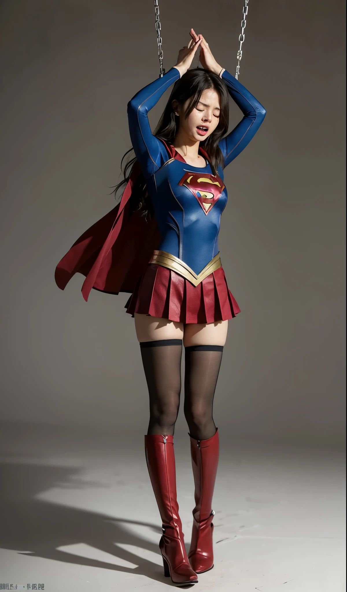No background、close your eyes、Raise your arms、Yay!、Hanging、Are crying、Deceived、shout、Supergirl Costumeがボロボロに破壊されている、defeat、Are crying、I'Is painful、Painful expression、Expressions of anguish、Tentacles、TentaclesにTied up、Tied up、Tentaclesに巻かれている、Tied up、Tightening、(((Beautiful legs in black tights.)))、(((Stretch your legs、expensive、Legally express the beauty of your smile)))、((((Make the most of your original images)))、(((Supergirl Costume)))、(((Beautiful short bob hair)))、(((suffering)))、(((Black tights legs、Wear red boots)))、((Best image quality、8k))、((highest quality、8k、masterpiece:1.3))、(((Preserve background )))、Sharp focus:1.2、Beautiful woman with perfect figure:1.4、Slim Abs:1.2、Wet body:1.5、Highly detailed face and skin texture、8k