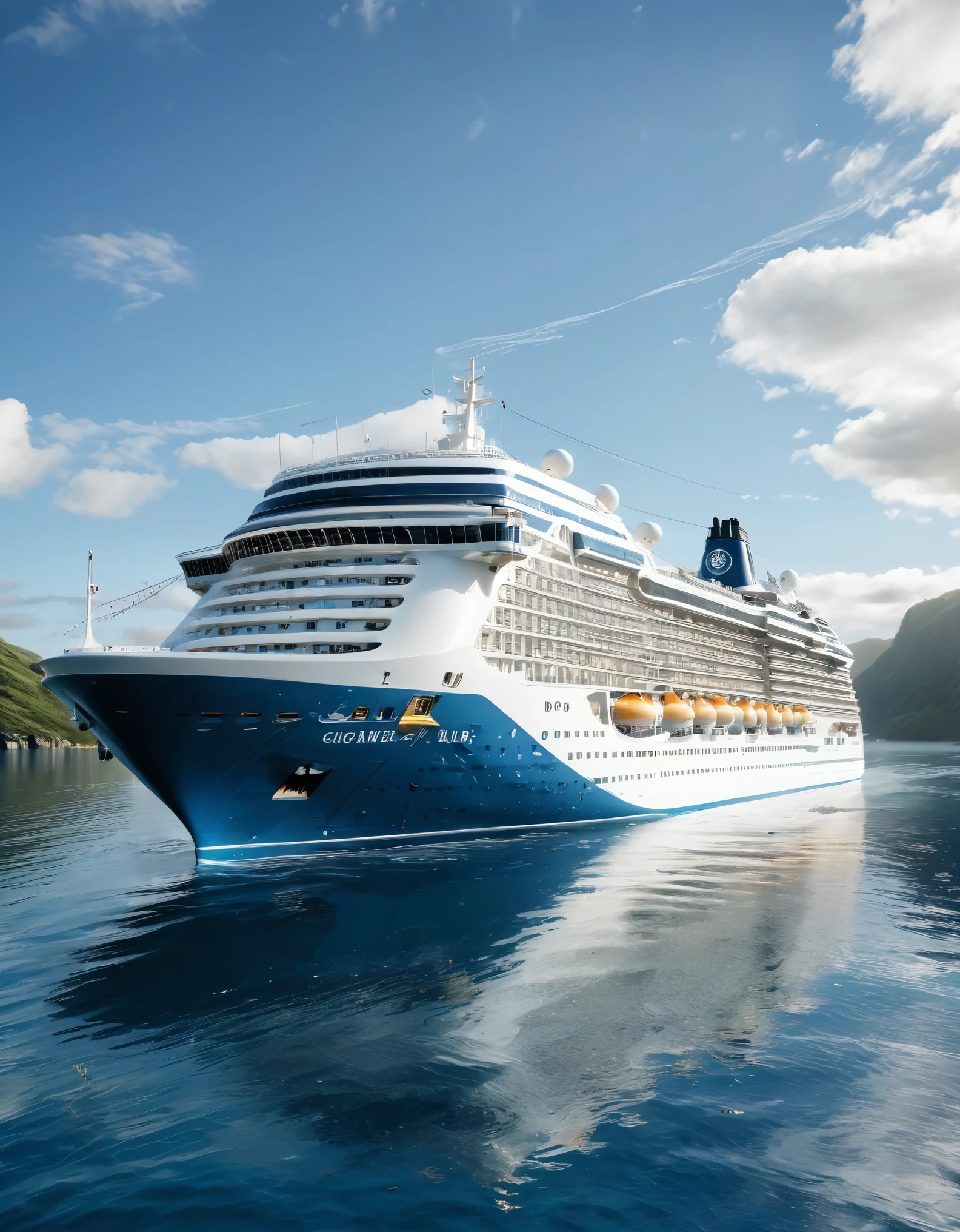 a large, majestic cruise ship sailing on calm, deep blue waters. The ship, named 'Deep Blue,' features a sleek, modern ornate design with a predominantly white exterior and a deep blue hull. The vessel is adorned with the 'Poseidon Cruises' logo prominently displayed on its side. The ship's numerous decks are filled with small micro details, including lifeboats, observation areas, and various amenities. The background depicts a serene seascape under a clear, blue sky with scattered fluffy clouds. In the distance, a coastal landscape with a tall, rustic tower and green vegetation is visible. The overall atmosphere is one of tranquility and luxury, capturing the grandeur and elegance of the cruise ship as it glides through the water. ultra realistic photo, vibrant color, 8k