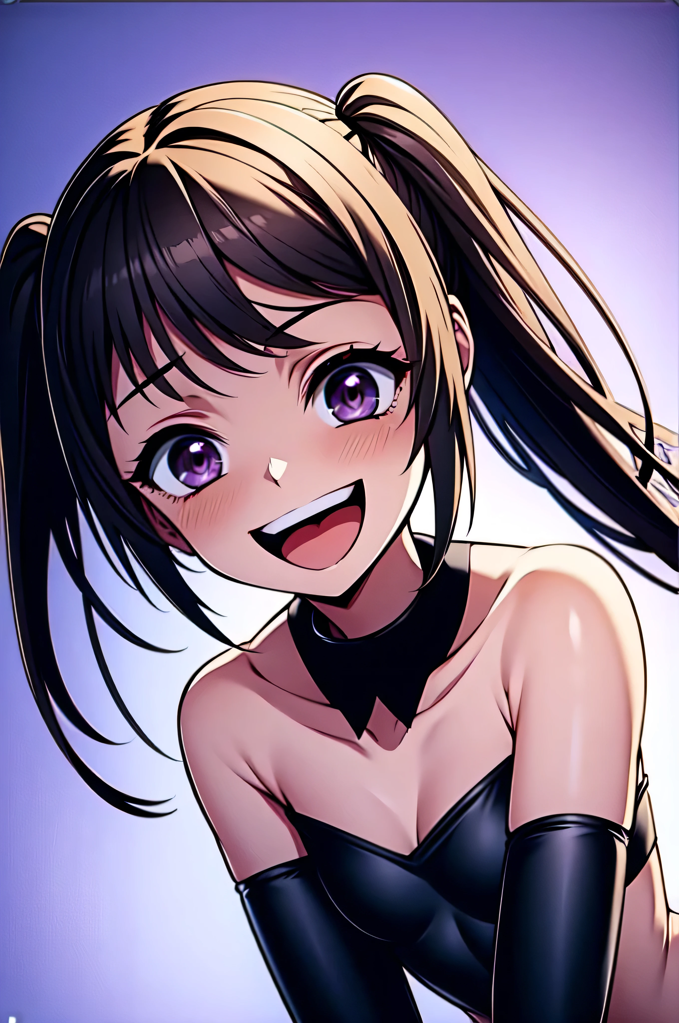 Best picture quality, 4K, 8K, High resolution, Masterpiece: 1.2), ultra detailed,,black and dark aura background,masterpiece, highest quality,best quakity, High resolution,,twintail,flat chest,sheded face,latex,elbow gloves,evil smile,sadistic,evil laugh at,small girl,,Shiny skin,black and purple background,face only,smile worst,smile evil,