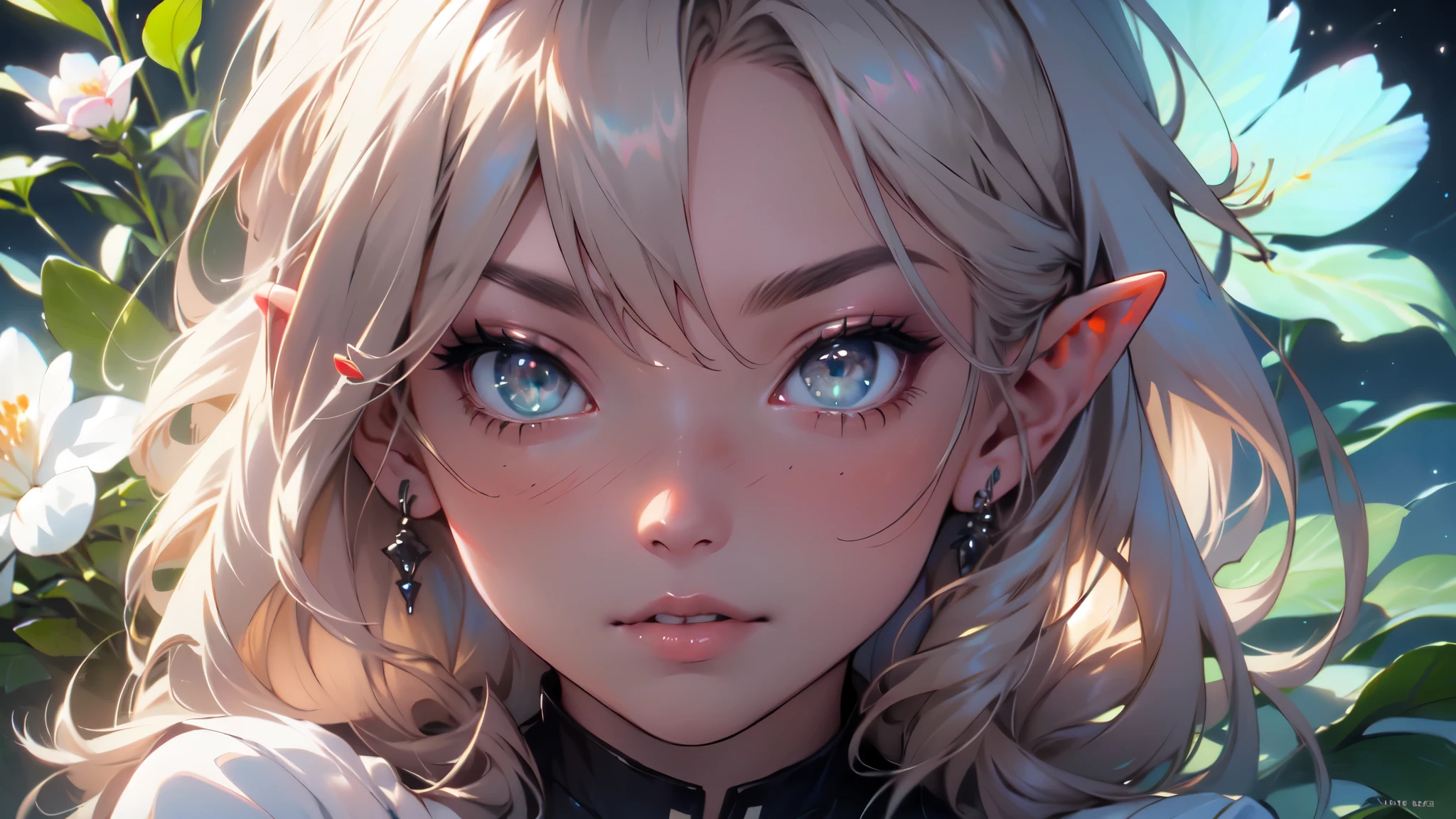 best quality, high-res, ultra-detailed), beautiful elf woman, detailed face, detailed eyes, long sparkling dress, night background with light and flowers, neon colors, portraits, soft and warm color tones, ambient lighting, full body, flowers, fligh