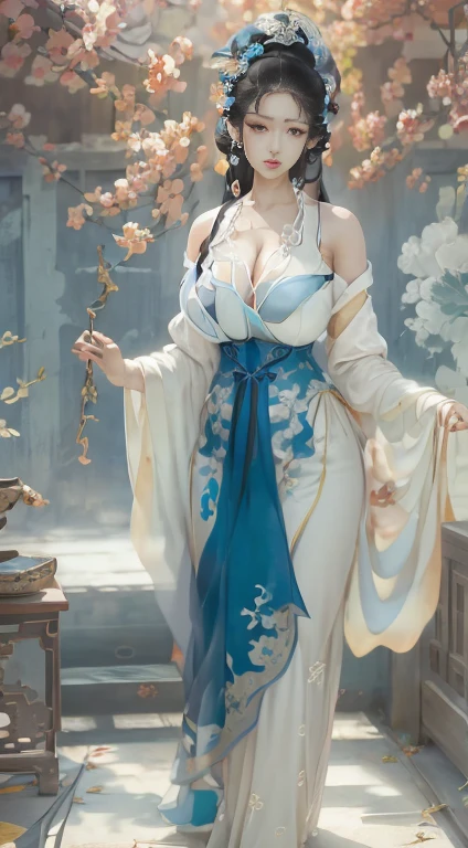 Desirable woman posing for camera in blue and white dress, Beautiful and seductive anime woman, Beautiful fantasy queen, (((Large Breasts)))Breast sagging、Low-cut(((Cleavage )))、(((Wide hips,)))(((Hourglass figure)))((Long legs)),inspired by Fenghua Zhong, Beautiful character painting, author:Qiu Ying, Sensibility, author:Cold plum, author:Yang Jie, Poster Art, Art bud. Anime Illustrations, Inspired by Chen Yifei, author:Chen Lin