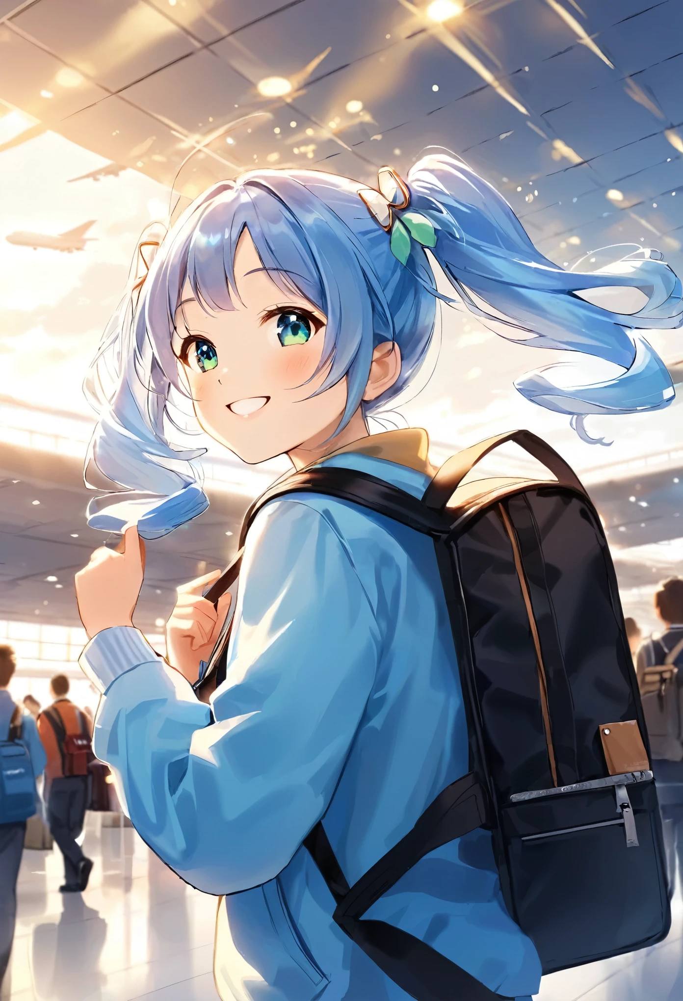 Girl with backpack at airport,Light blue long hair、Twin tails 、My backpack is full of happy spring,Looking up at a large passenger plane,Rin々A beautiful smile、Time for a new journey