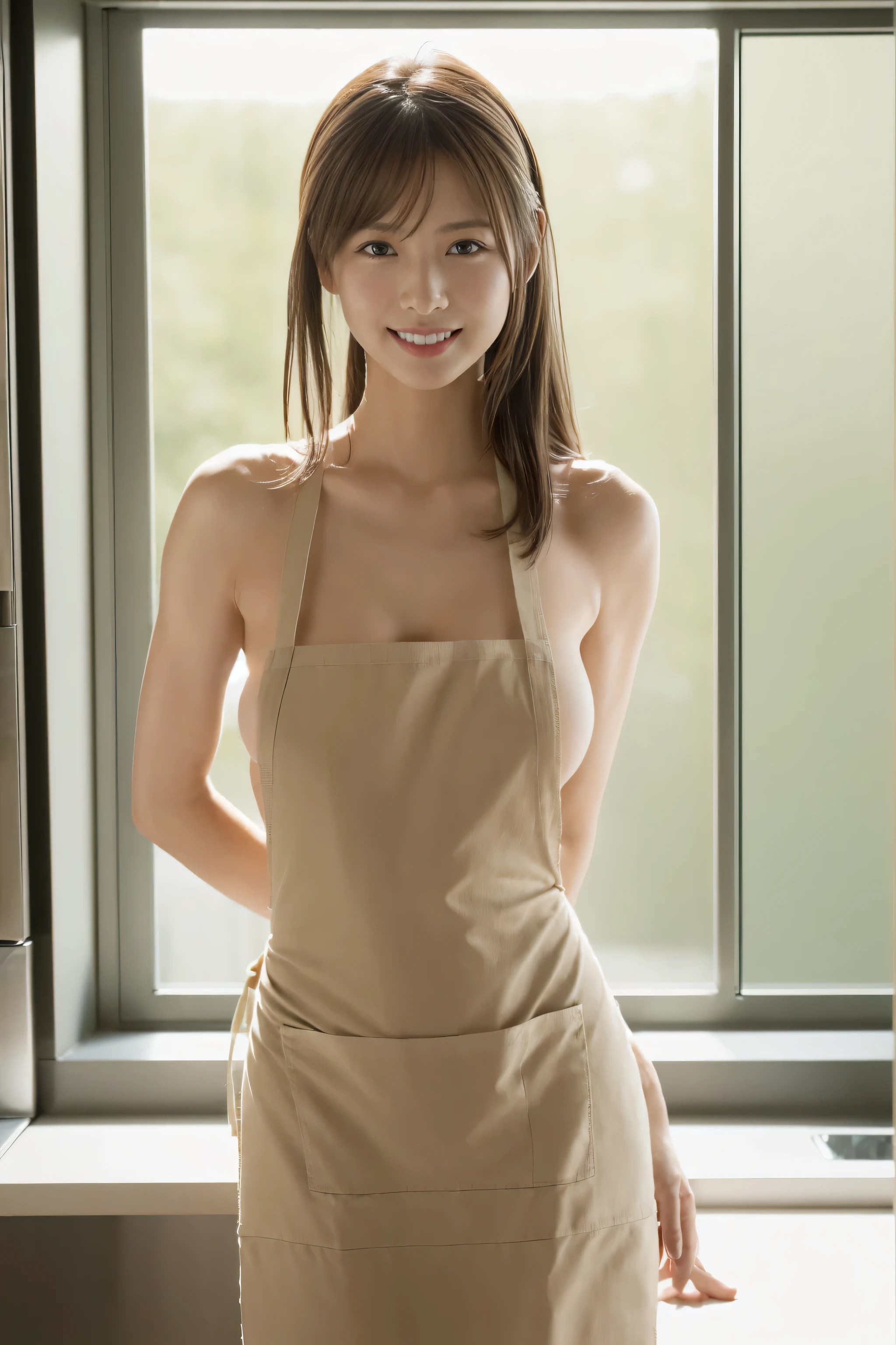 ((solo:2)), (Skinny body:1.1)、(Japan at 34 years old　Mother)、Brown medium hair、Long beautiful legs、smile, ((Naked and wearing only an apron))、16k、8k、Best image quality, Best illustrations, Hyperrealistic photography、Cute idol face:1.24,Symmetry and large double eyelids,(Beautiful breasts　Large Breasts),((Standing in a modern kitchen with a window:1.1))、looking at the camera　Shooting in poses from the photobook:1.1、Gentle contrast of light and shadow、