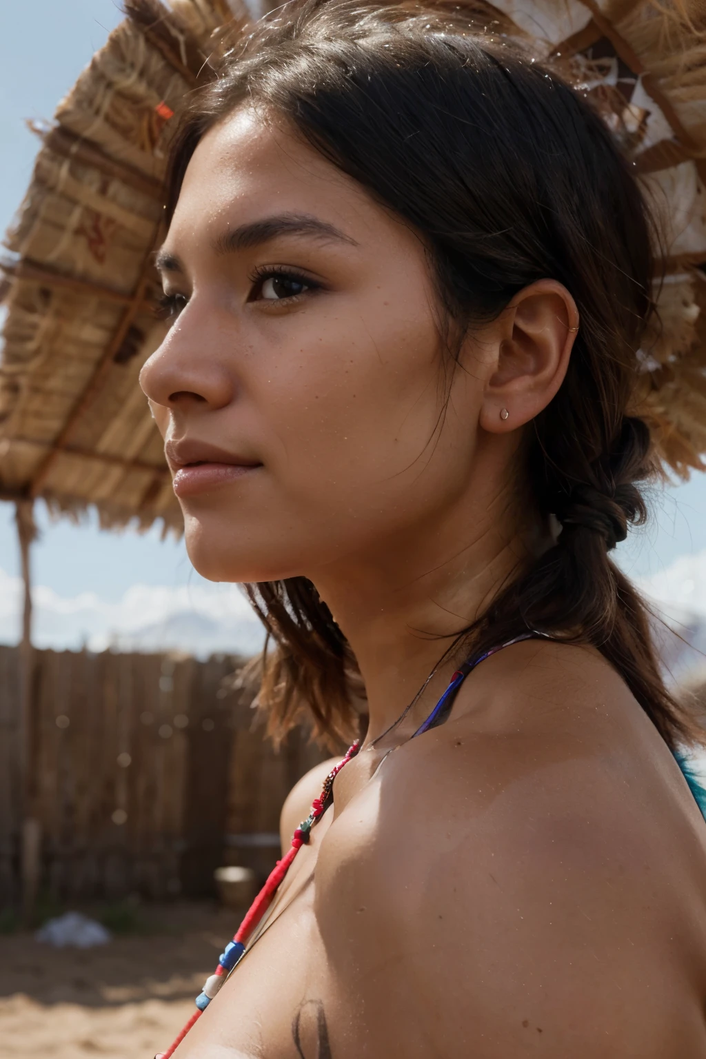 hyper-realistic photograph, woman, a slight smile, side view looking away from the camera, close-up detail, embodying the resonance and depth of indigenous culture, in the style of photorealism, I can't believe how beautiful this is, flawless skin, photorealistic, shot on a Canon A7
