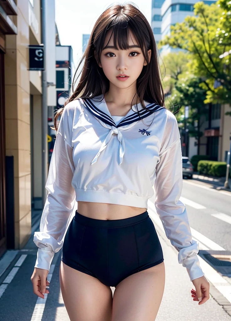 (masterpiece:1.3), (8k, Realistic, RAW Photos, Best image quality: 1.4), Japanese, (One Girl), Beautiful Face, (Lively Faces), Beautiful Hairstyles, Realistic eyes, Beautiful details in the eyes, (Realistic Skin), Beautiful skins, Charm, 超A high resolution, Ultra-realistic, Attention to detail, Golden Ratio, (Detail Makeup:1.2), View your viewers,Tabletop, highest quality, Very detailed, In detail, High resolution, Composition of the whole body、Beautiful details,, Natural color lip,Realistic、Realistic、alone、Realistic、highest quality、Very detailedな顔、Very detailedな目と顔、Beautiful and detailed、Absurd、Unbelievably absurd、Floating Hair、Brown Hair、Wavy Hairstyle、Medium Hair、(Extremely detailed CG、8K Image Wallpapers)、(Very delicate and beautiful)、(masterpiece)、(highest quality:1.0)、(超A high resolution:1.0)、Beautiful lighting、Perfect Lightning、Realistic Shadows、[High resolution]、Detailed skin、Very detailedな、Detailed face and eyes、Realistic eyes、Sharp pupils、Beautiful Face、Outdoor、Downtown Japan、Amidst the hustle and bustle、Blurred Background、Glowing Skin、Blunt bangs、Red Eye、(Sailor suit 1.2)、Sailor suits have long sleeves、Ultra HD Photos, 8K quality, School Area, Systemic composition, Looking into the camera, Japanese women, Perfect beauty, Texture with visible pores, Perfect Face, Transparent muscle, Transparent muscle, Beautiful and toned body, Muscular, thin, Small breasts, Tight ass and small breasts、Small Ass、 Bloomers (Bloomers in Japan School, Seamless Design, Monochromatic Bloomers, Bloomers are dark blue, Exactly、Bloomers are elastic fabrics、Bloomers length from navel３ｃｍThe following degrees::, )、In the middle of the road on the way home from school、bottomless、High leg、(bottomless running)