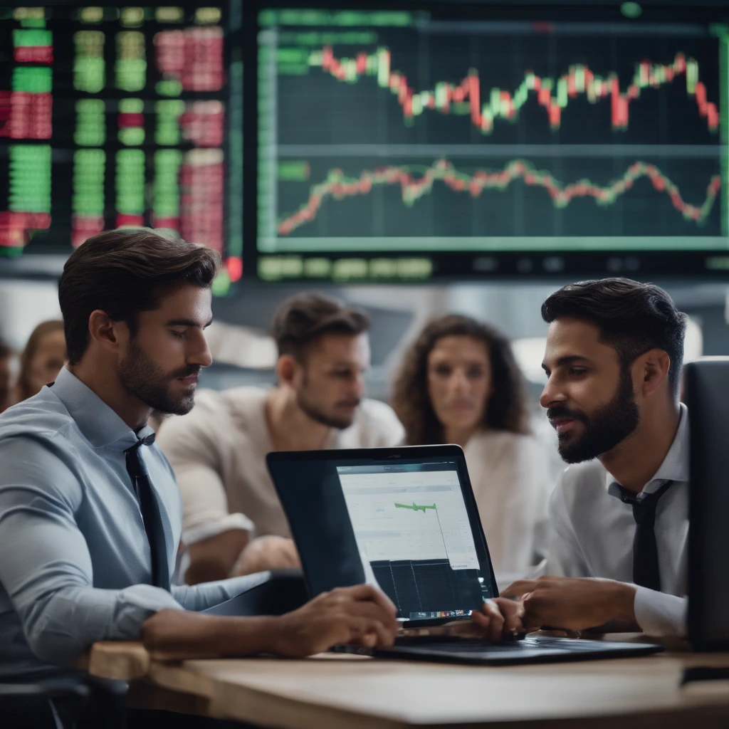 "Jovens adultos usando laptops e smartphones para investir na bolsa de valores, with stock charts and market indexes in the background."