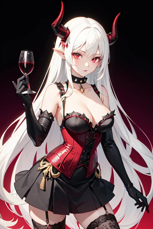 no estilo anime, Make a demon with red horns and fair skin using a wine red corset with black lace details, She is wearing a choker with spikes around her neck and gloves with long spikes that reach her forearm., your hair is white and long tied back, e na franja dela tem uma mecha vermelha