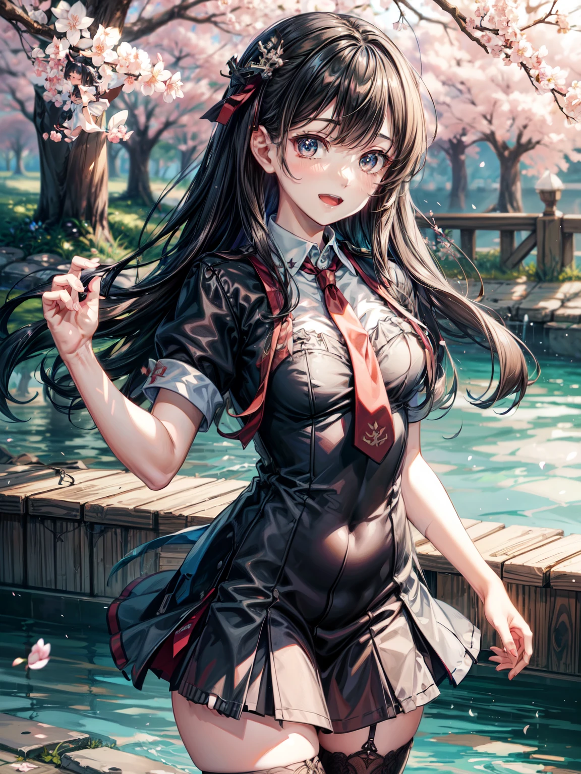tuscaloosa /(kancolle/), 1girl, solo, cherry blossoms, necktie, looking at viewer, petals, short sleeves, open mouth, breasts, smile, bangs, shirt, thighhighs, blue necktie, dress, nail polish, blue sky, medium hair, sky, medium breasts, blush, outdoors, black shirt, cowboy shot, original, intricate detail, illustration, masterpiece, extremely detailed CG unity 8k wallpaper, highlight, sharpening, dynamic,  