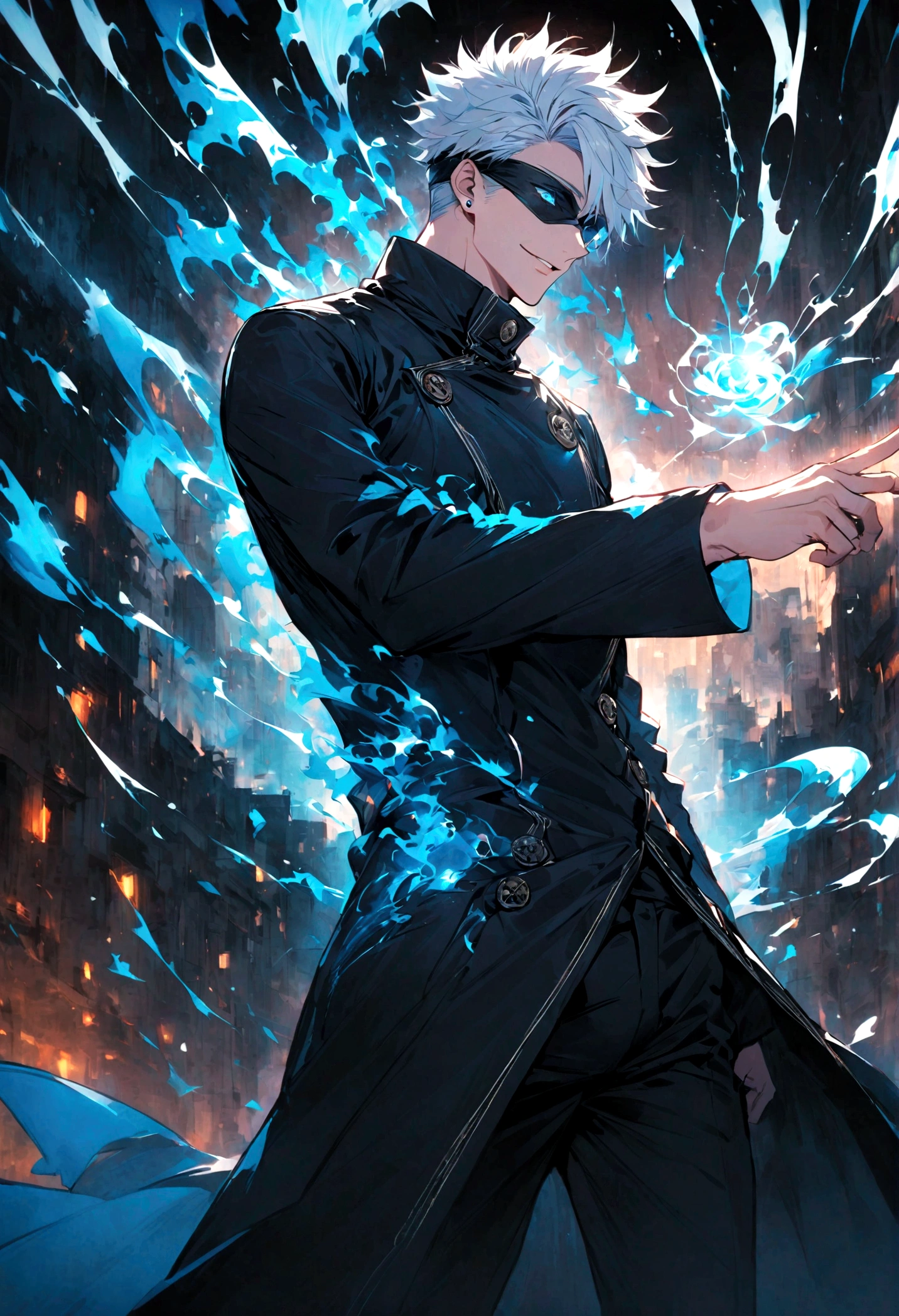 1 male,Satoru Gojo,Jujutsu Kaisen,,Create an image of Satoru Gojo from the manga 'Jujutsu Kaisen' by Gege Akutami. Gojo is a tall, slender man with white hair, usually wearing a black blindfold or sunglasses. He exudes confidence and charisma, often seen with a relaxed smile or a challenging expression. Capture him in a dynamic pose, possibly with one hand raised and a single finger pointed. The background should depict a modern urban landscape or a battle scene with swirling energy effects. Include special effects like a blue aura or energy waves to emphasize his power, and show his piercing blue eyes glowing if his blindfold is off. Make sure to highlight his stylish attire and the dramatic atmosphere.,石田スイの画Wind,Intricate details,Detailed depiction of hair,Use black and white as your main colors,Decadent,artwork,Perfect Anatomy,Anatomically correct,,Dynamically,cool,Awesome,Dark fantasy,Light and Dark,Masculine sex appeal,High-necked coat,Wind