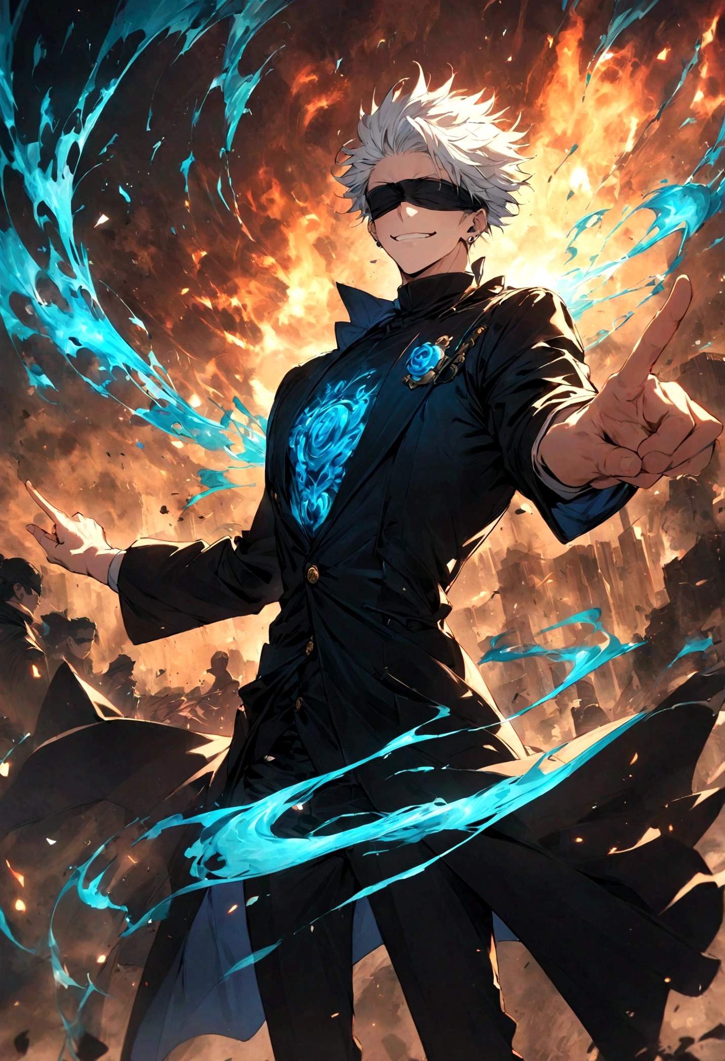 1 male,Satoru Gojo,Jujutsu Kaisen,,Create an image of Satoru Gojo from the manga 'Jujutsu Kaisen' by Gege Akutami. Gojo is a tall, slender man with white hair, usually wearing a black blindfold or sunglasses. He exudes confidence and charisma, often seen with a relaxed smile or a challenging expression. Capture him in a dynamic pose, possibly with one hand raised and a single finger pointed. The background should depict a modern urban landscape or a battle scene with swirling energy effects. Include special effects like a blue aura or energy waves to emphasize his power, and show his piercing blue eyes glowing if his blindfold is off. Make sure to highlight his stylish attire and the dramatic atmosphere.,石田スイの画Wind,Intricate details,Detailed depiction of hair,Use black and white as your main colors,Decadent,artwork,Perfect Anatomy,Anatomically correct,,Dynamically,cool,Awesome,Dark fantasy,Light and Dark,Masculine sex appeal,High-necked coat,Wind