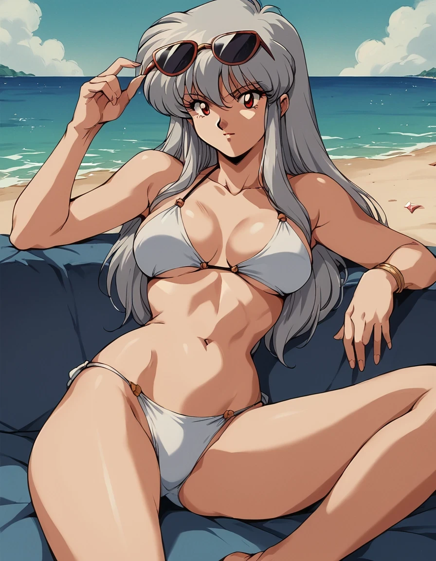 score_9, score_8_up, score_7_up, score_6_up, score_5_up, score_4_up, source_anime, BREAK, 1990s \(style\), 1girl, long hair, grey hair, red eyes, sunglasses, bikini, beach, oldschool, retro artstyle,  