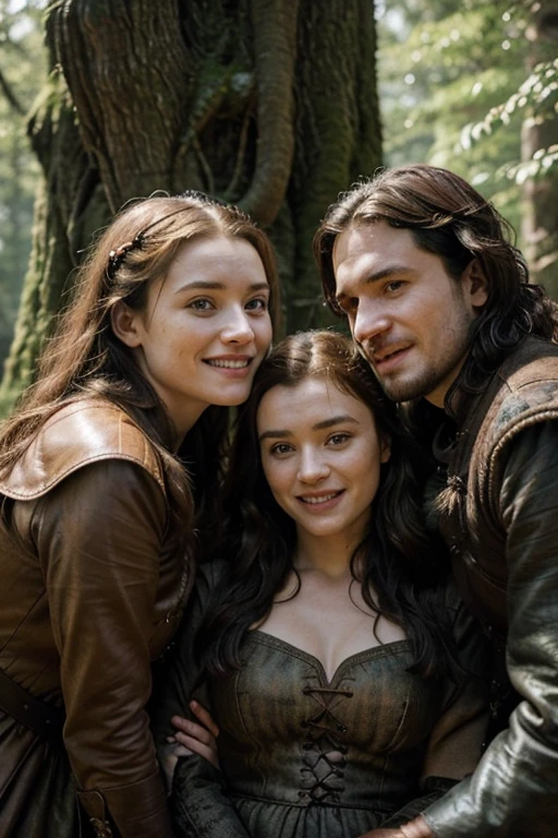 Prompt for Joanna Lannister, Jon Snow, and their daughter:

Description:

    Joanna Lannister: Beautiful woman, blonde hair, wearing medieval noble attire, played by Sadie Sink. Detailed face, porcelain skin, half-body shot. She is pregnant, with a visible baby bump, and laughing joyfully.
    Jon Snow: Handsome man, black hair, wearing medieval northern attire, played by Kit Harington. Detailed face, rugged features, half-body shot. He is laughing joyfully.
    Their Daughter: A  with a blend of her parents' features, black hair with dark undertones, wearing a medieval dress. She is also laughing and holding her parents' hands.
    Setting: The Godswood, a serene and sacred forest area with ancient trees and weirwood with red leaves and faces carved into the trunks. It's a medieval setting, capturing the essence of the North in the world of "Game of Thrones."
    Lighting: Natural daylight with a touch of mystical ambiance. Rim lighting to accentuate their features. Two-tone lighting to highlight their expressions.

Specific Elements:

    Mood: Joyful and lighthearted, with all three characters laughing together.
    Composition: Centered, half-body shot, all characters in the foreground, detailed portrait with emphasis on their expressions and interaction.

Detailed Background:

    The Godswood setting should include ancient trees, red leaves, and a weirwood tree with a carved face.
    The ambiance should be mystical yet natural, with soft lighting filtering through the trees.