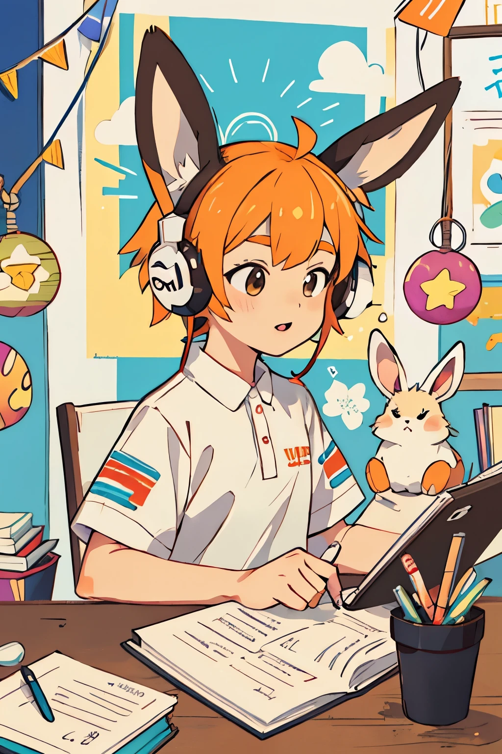 cartoon, colores calidos y acojedores
conejo blanco con manchas marrones en la cara escuchando musica en un escritorio stilo la chica lo-fi con audifonos