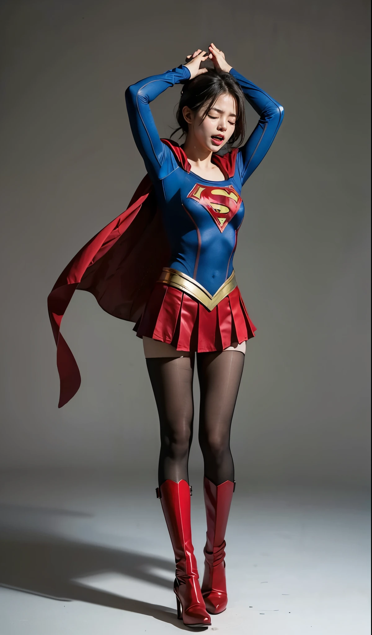 No background、close your eyes、Raise your arms、Yay!、Hanging、Are crying、Deceived、shout、Supergirl Costumeがボロボロに破壊されている、defeat、Are crying、I'Is painful、Painful expression、Expressions of anguish、Tentacles、TentaclesにTied up、Tied up、Tentaclesに巻かれている、Tied up、Tightening、(((Beautiful legs in black tights.)))、(((Stretch your legs、expensive、Legally express the beauty of your smile)))、((((Make the most of your original images)))、(((Supergirl Costume)))、(((Beautiful short bob hair)))、(((suffering)))、(((Black tights legs、Wear red boots)))、((Best image quality、8k))、((highest quality、8k、masterpiece:1.3))、(((Preserve background )))、Sharp focus:1.2、Beautiful woman with perfect figure:1.4、Slim Abs:1.2、Wet body:1.5、Highly detailed face and skin texture、8k