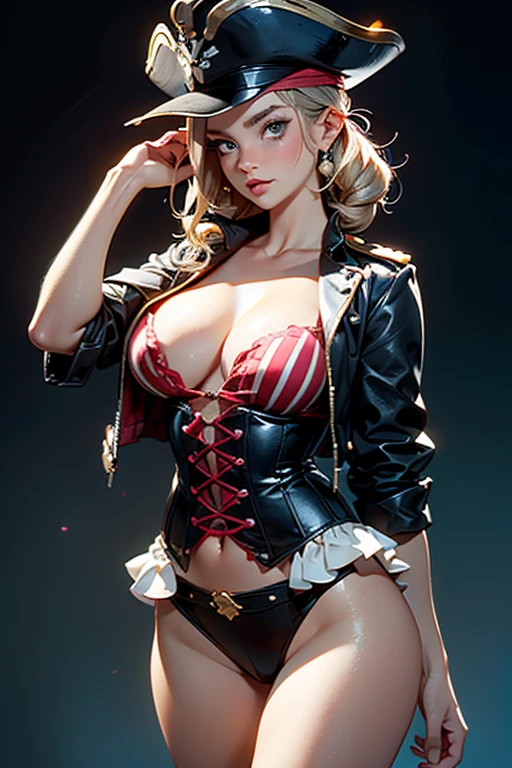 Une fille de 25 ans, (bousiller, Haut du corps, vue de face:1.2), Yeux noirs, Capitaine Jack Sparrow cosplay, pirate, chapeau de pirate, tenue de pirate, corset, (Petits seins, petits seins, cleavage:1.2), (masterpiece, very detailed, regarde le spectateur, fond gris estompé brillant, sprayed gradient background, blurred background:1.2), on a deserted island, plage, cocotiers, Treasure chest, sexy, topless
