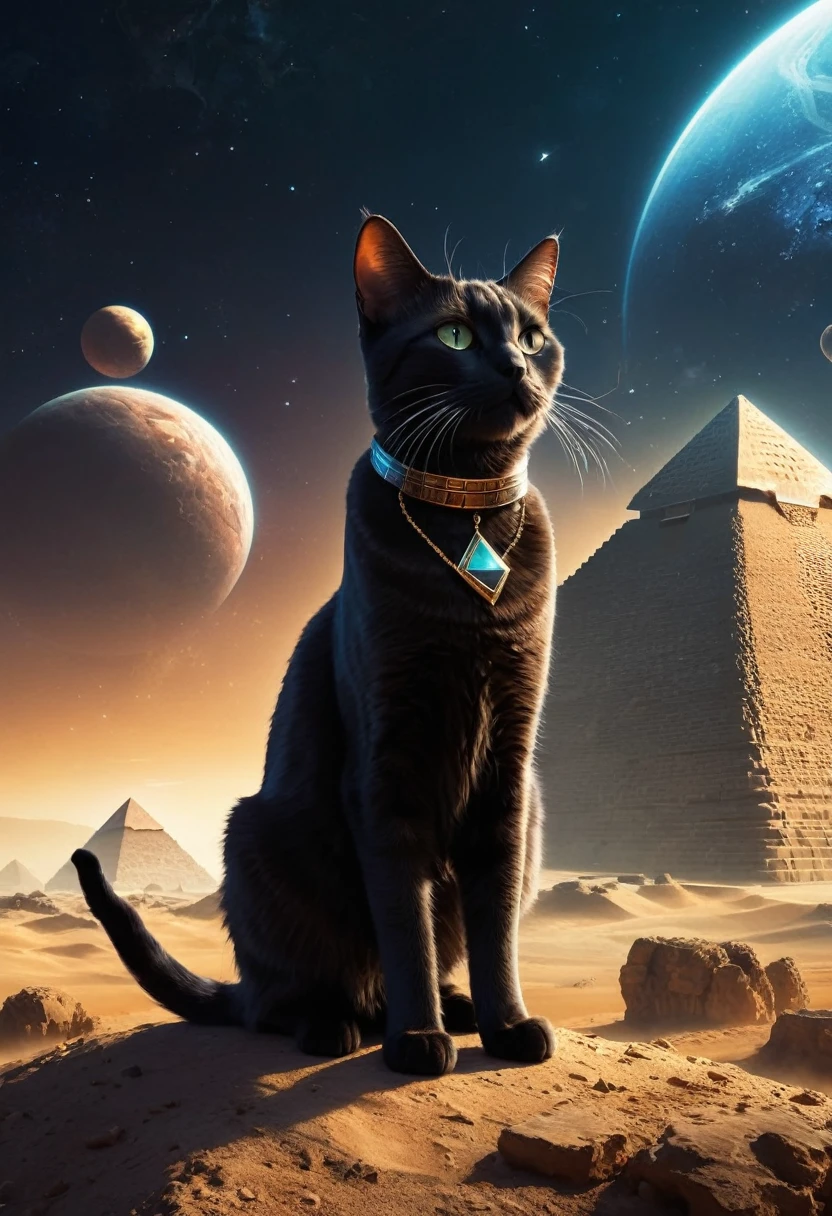 arafed cat standing in front of a pyramid with a spaceship in the background, apuestas, cat from the void, ancient megastructure pyramid, ancient science fiction art, Gato invocando una nave espacial, portal piramidal, planeta de los gatos, Diosa gata egipcia, por Beeple, the dark Dios de los gatos, Dios de los gatos, Beeple!!