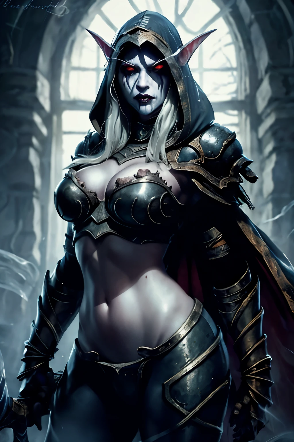 (HDR, 8k, masterpiece, intricate details), (((savage grace, beautiful elegant violence))), dancer of the boreal valley snow, prowling lithe long limbs, crawling slender knight, helm, weapons, highly detailed armor, glossy metal, metallic refraction, unsettling fluid movements, gossamer sheer fabric, see-through delicate veil, dark souls, bonfire, elf, Sylvanas Windrunner, long hair, silver hair, large breasts, looking at viewer, red eyes, cleavage, large breasts, white hair, choker, hood, cape, pointed ears, armor, lips, shiny, colored skin, goblin, blue skin, arrow, bikini armor, shoulder pads, undead, violet skin color. prowling slender lithe , mirror shine, ethereal lighting, wlop, obsidian armor, flaming blade, icy sword, holding weapons, unnaturally long limbs, ghostly wisps, liquid shimmer,