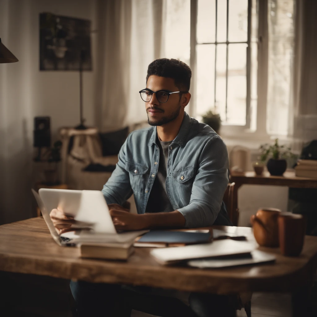 "A student at home taking an online class on personal finance, com um notebook aberto e materiais de estudo espalhados pela mesa."