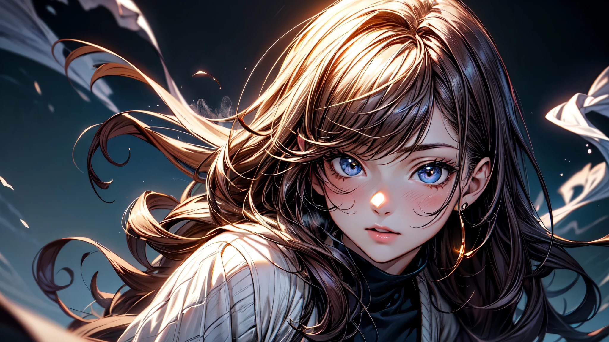 ((masterpiece、top-quality))、the Extremely Detailed CG Unity 8K Wallpapers、Shisha Bar、Smoke is flowing、Detailed background、beautifull detailed face、beatiful detailed eyes、highly contrast、long hair, wavy hair, bangs, eyes visible through hair, gradient hair, happy, cardigan,Midnight、The best lighting、extremely delicate and beautiful、Very delicate and beautiful girl、The whole body is reflected、tilt of the head、young、20 years old、Live-action anime、