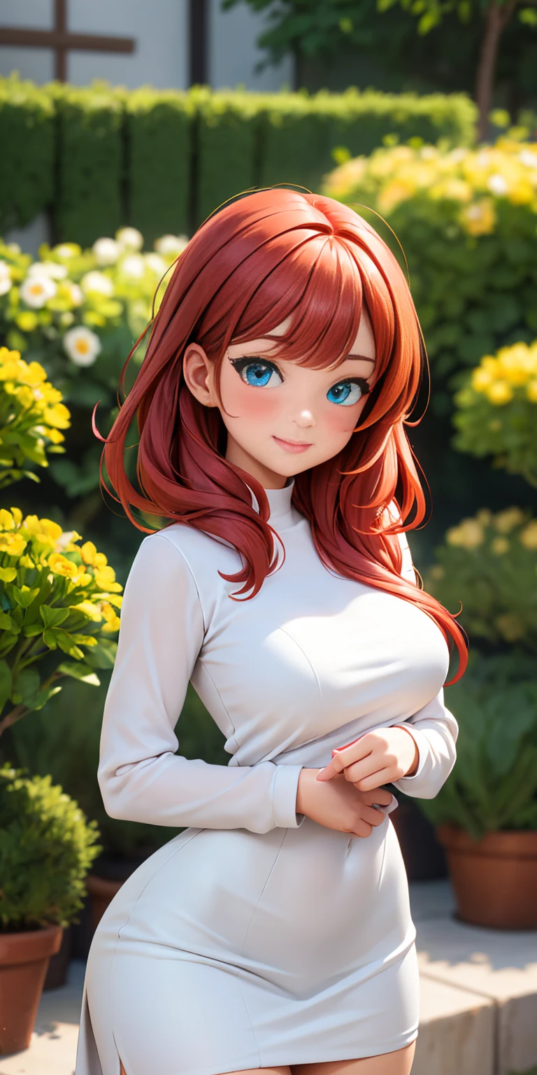 Medium round breasts, (1 mature Girl), ((light red hair: 5.2, long straight style, symmetrical bangs)), blue eyes, double eyelids, light effect on eyes, wide hips, white skirt dress, long sleeves, stylish, beautiful smile, shy, blush on cheeks, ((sexy body)), solo, best quality, masterpiece, portrait, flirting with viewer, sensual pose, detailed, perfect anatomy, detailed art, high definition, 4k, high resolution, garden, grass, bouquet of flowers
