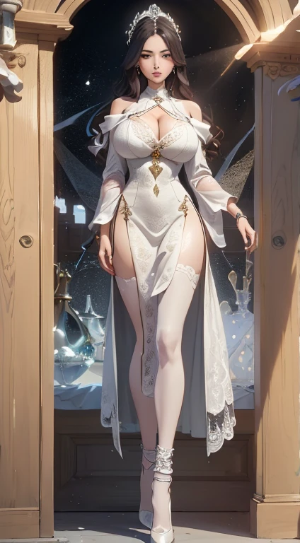 Ultra-realistic 8k CG, Flawless, Clean, masterpiece, Professional artwork, Famous Artworks, movie lighting, Bloom, Perfect face, Pretty Face, fantasy, dreamlike, Unreal Engine 5, Science fiction,   Lace, Lace trim, Lace-trimmed legwear, Luxury, Jewelry, diamond, Kaneko, pearl, gem, 蓝gem, 红gem, emerald, Intricate details, Exquisite pattern, charming, Tempting, Tempting, , enchanting, Hair accessories, neckLace, earrings, bracelet, armband,Halo,autumn.
((,1 Girl, View,best quality,))  ,((((,1 Girl,  Solitary, (((Big real breasts)))，Breast sagging、Low-cut(((Cleavage )))、(((Wide hips,)))(((Hourglass figure)))((Long legs)),, Goddess dress, Half Body,  looking at the audience, permanent))))