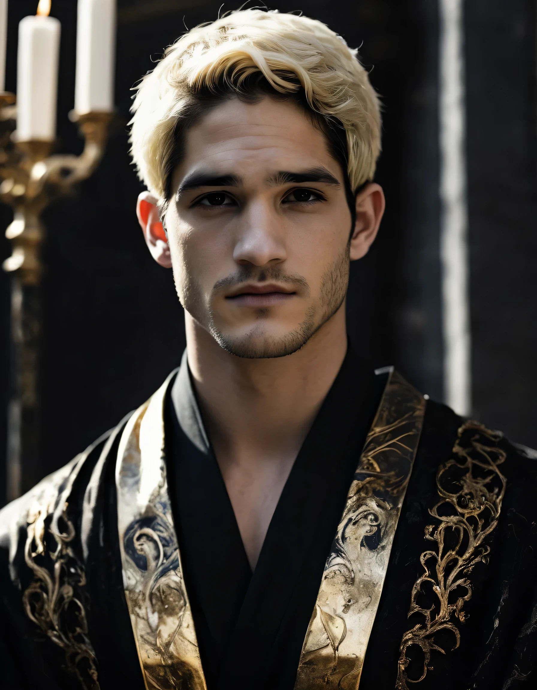Make him scary looking. dark veins showing through pale skin, eyes like fire. Blond white roman man, in black and gold noble robe/suit and black handling digital art A Photograph capturing a surrealist vision: (mais alta qualidade: 1,3), rosto Tyler Posey + Adam, mystical beauty detailing face, with Lucifer's horn demon is cupid is beautiful as Eros erotic, villain look is cherubic is mischievous In Love Action photography, supermodelo bonito de 25 anos, the beautiful archangel with the demon's horn. the background is fire sparks. Roupas de padre estilo Michael, sexy vitorioso. A seductive expression on your face, he is surrounded by outstretched human skulls, stained glass windows inside the interior of a gothic church, fundo de luzes frias, detalhes intrincados, muscles, olhar para o espectador, perspective view, Ultra HD, ?? mil, irreal . (pele altamente detalhada), (rosto detalhado), fundo detalhado, dark lighting, twilight lighting, volumetric lighting, detalhes intrincados, Ultra HD rico