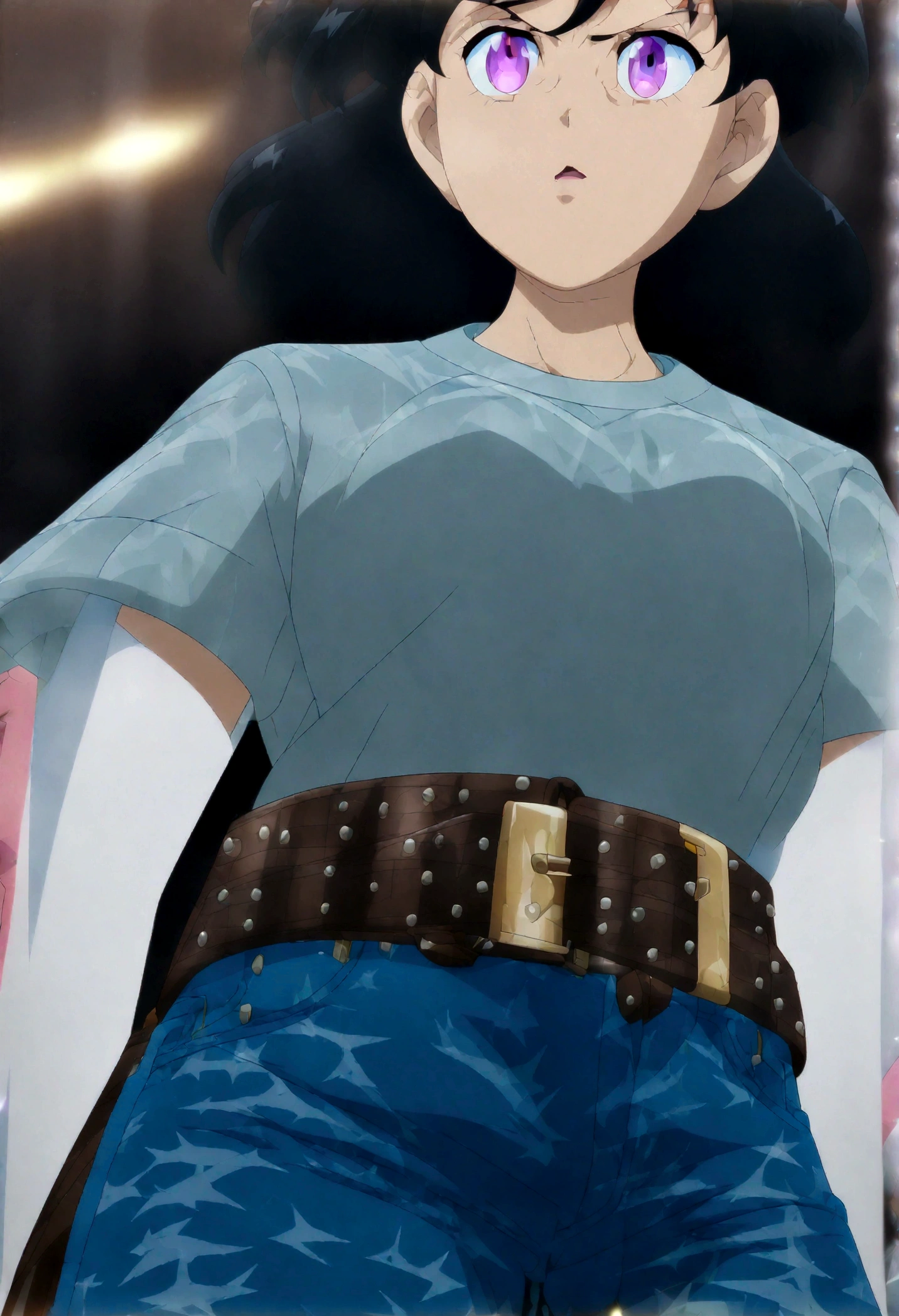 woman,one person,Black Hair,Short Hair,Anime Style,Full color CG images,Looking at the audience,Cowboy Shot,(T-Shirts,Denim pants,Leather Belt:1.5)