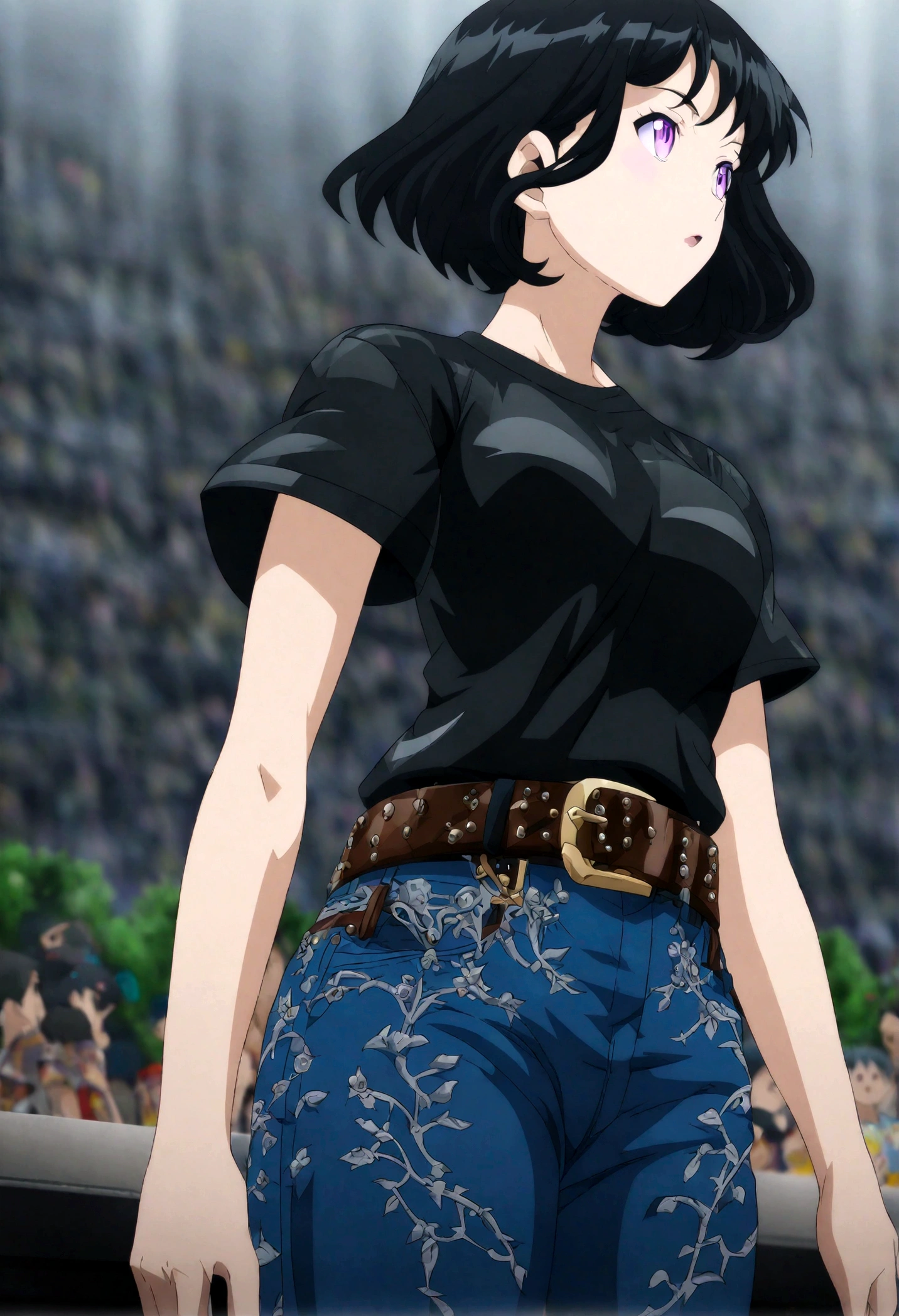 woman,one person,Black Hair,Short Hair,Anime Style,Full color CG images,Looking at the audience,Cowboy Shot,(T-Shirts,Denim pants,Leather Belt:1.5)