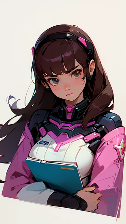 An illustration of D.VA from Overwatch as a 12 year old girl reading a book with a serious face drinking a cup of tea. The background is a futurist library 