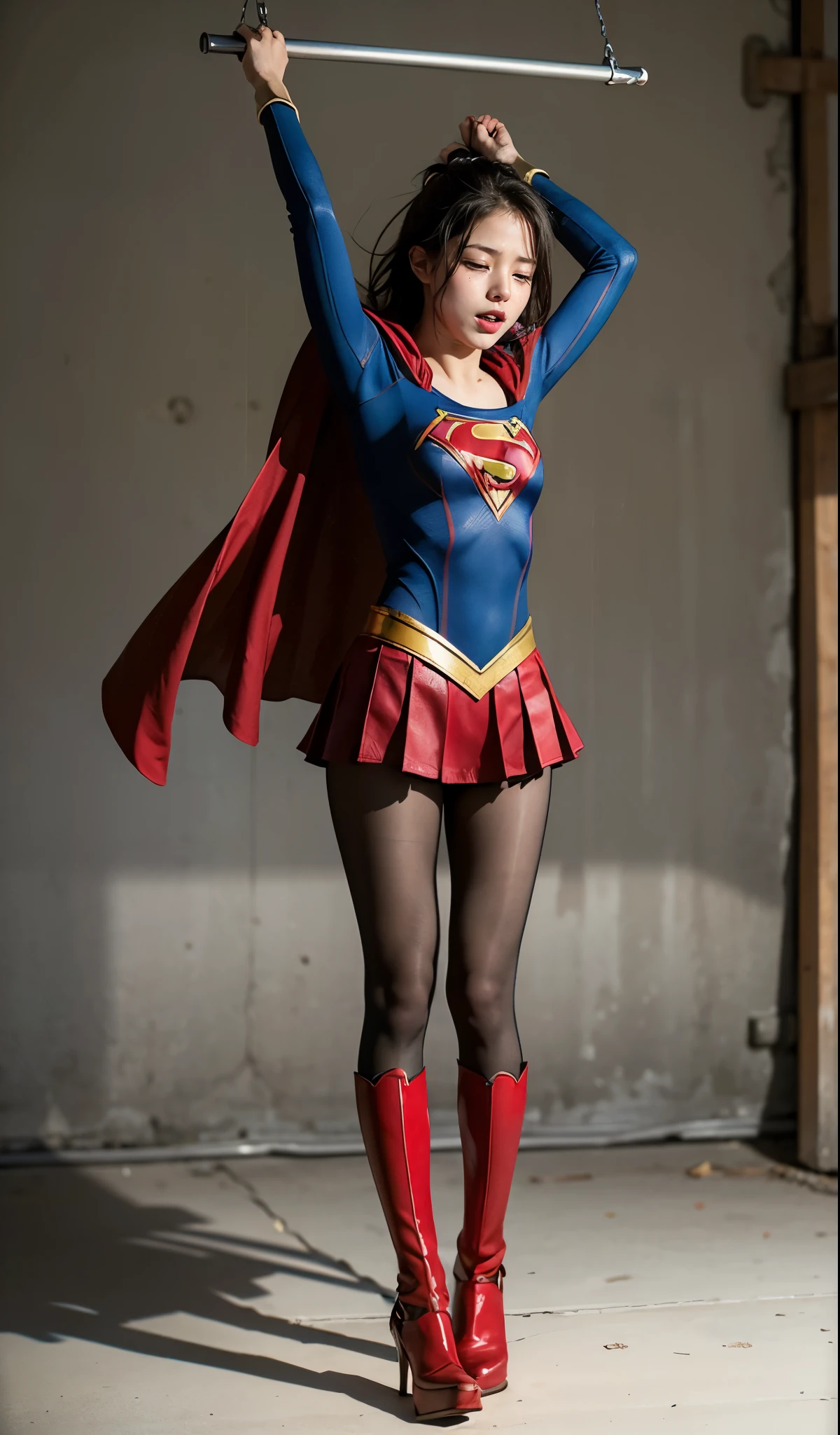 No background、close your eyes、Raise your arms、Yay!、Hanging、Are crying、Deceived、shout、Supergirl Costumeがボロボロに破壊されている、defeat、Are crying、I'Is painful、Painful expression、Expressions of anguish、Tentacles、TentaclesにTied up、Tied up、Tentaclesに巻かれている、Tied up、Tightening、(((Beautiful legs in black tights.)))、(((Stretch your legs、expensive、Legally express the beauty of your smile)))、((((Make the most of your original images)))、(((Supergirl Costume)))、(((Beautiful short bob hair)))、(((suffering)))、(((Black tights legs、Wear red boots)))、((Best image quality、8k))、((highest quality、8k、masterpiece:1.3))、(((Preserve background )))、Sharp focus:1.2、Beautiful woman with perfect figure:1.4、Slim Abs:1.2、Wet body:1.5、Highly detailed face and skin texture、8k