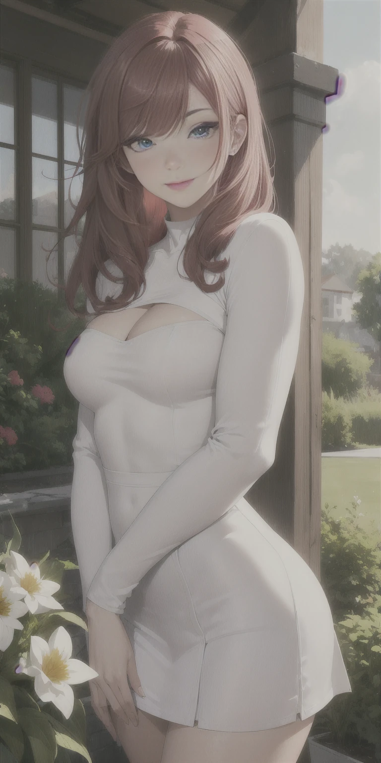 Medium round breasts, (1 mature Girl), ((light red hair: 5.2, long straight style, symmetrical bangs)), blue eyes, double eyelids, light effect on eyes, wide hips, white skirt dress, long sleeves, stylish, beautiful smile, shy, blush on cheeks, ((sexy body)), solo, best quality, masterpiece, portrait, flirting with viewer, sensual pose, detailed, perfect anatomy, detailed art, high definition, 4k, high resolution, garden, grass, bouquet of flowers